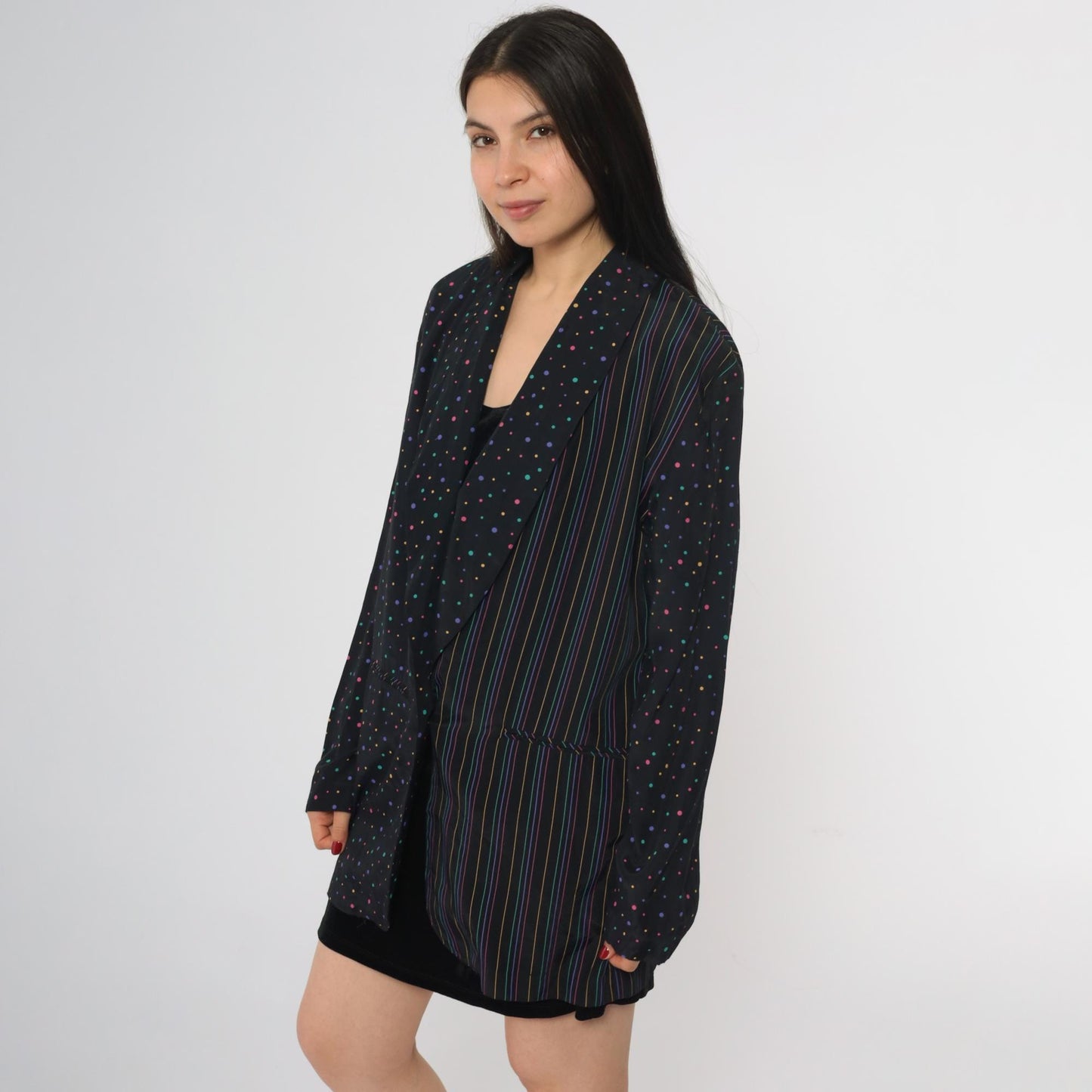 80s Columbus Circle Blazer Black Multicolor Dot Stripe Single Button Medium