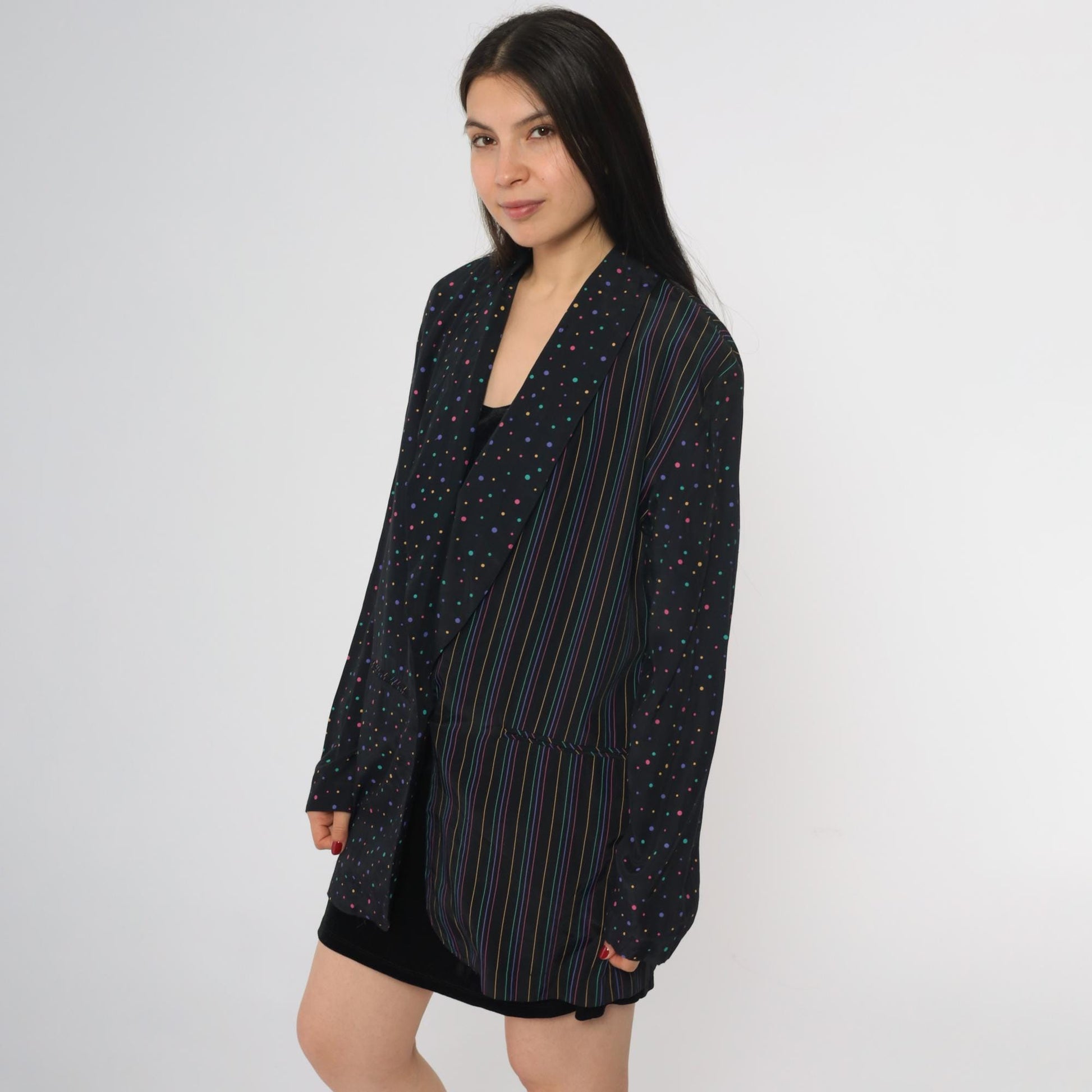 80s Columbus Circle Blazer Black Multicolor Dot Stripe Single Button Medium