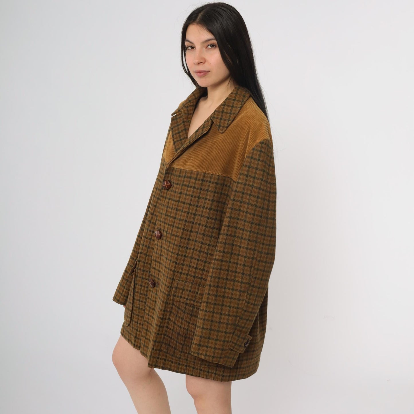 70s Brown Plaid Wool Blazer Corduroy Yoke Jacket Button Front XL
