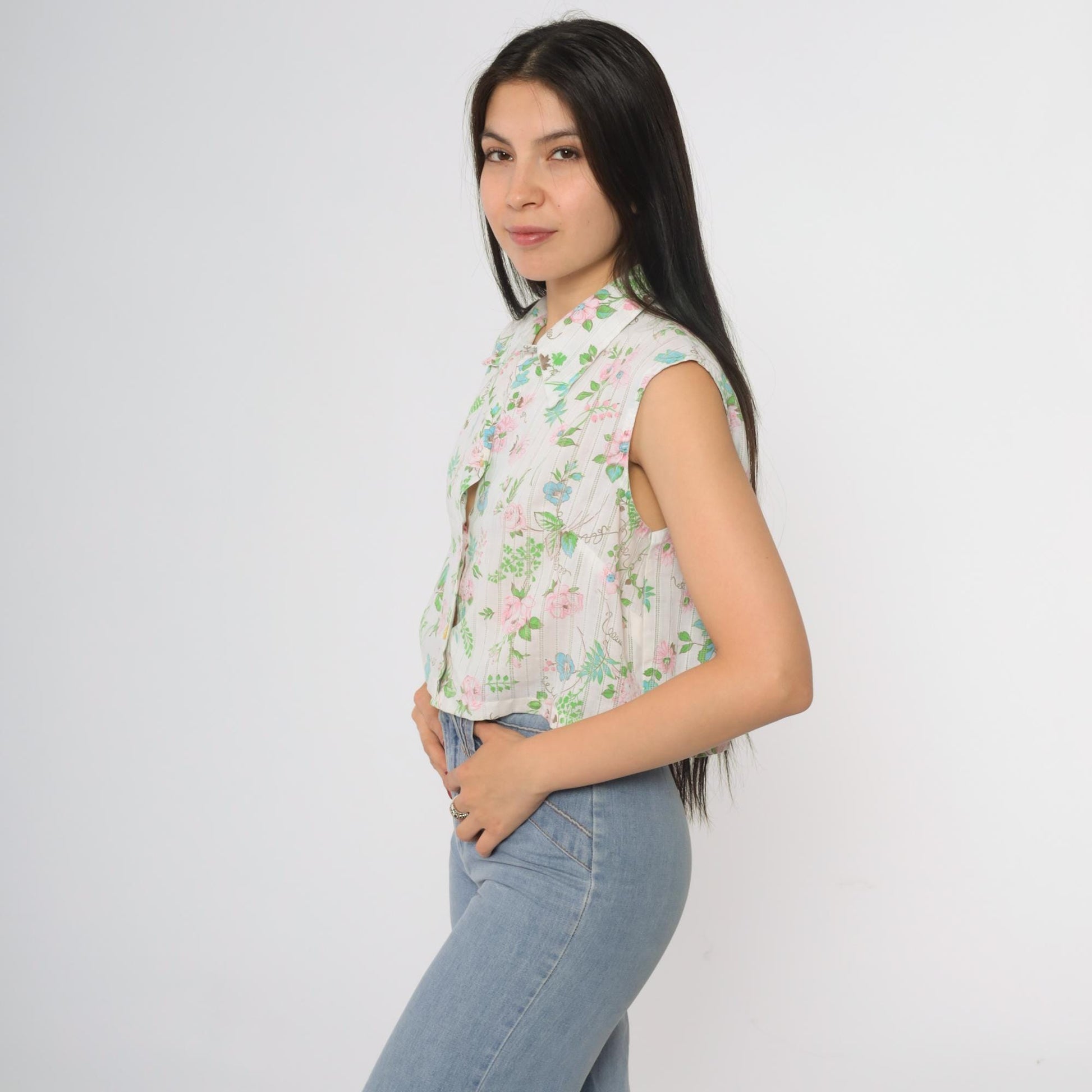 70s Lori Lynn Floral Crop Blouse White Collared Button-Up Medium