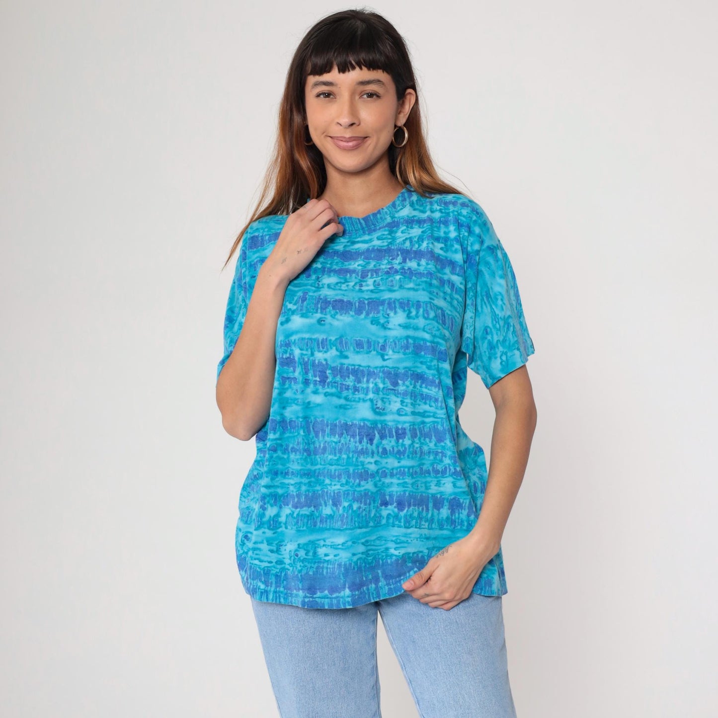 90s Blue Tie Dye Horizontal Stripe Cotton T-Shirt Crew Neck Medium