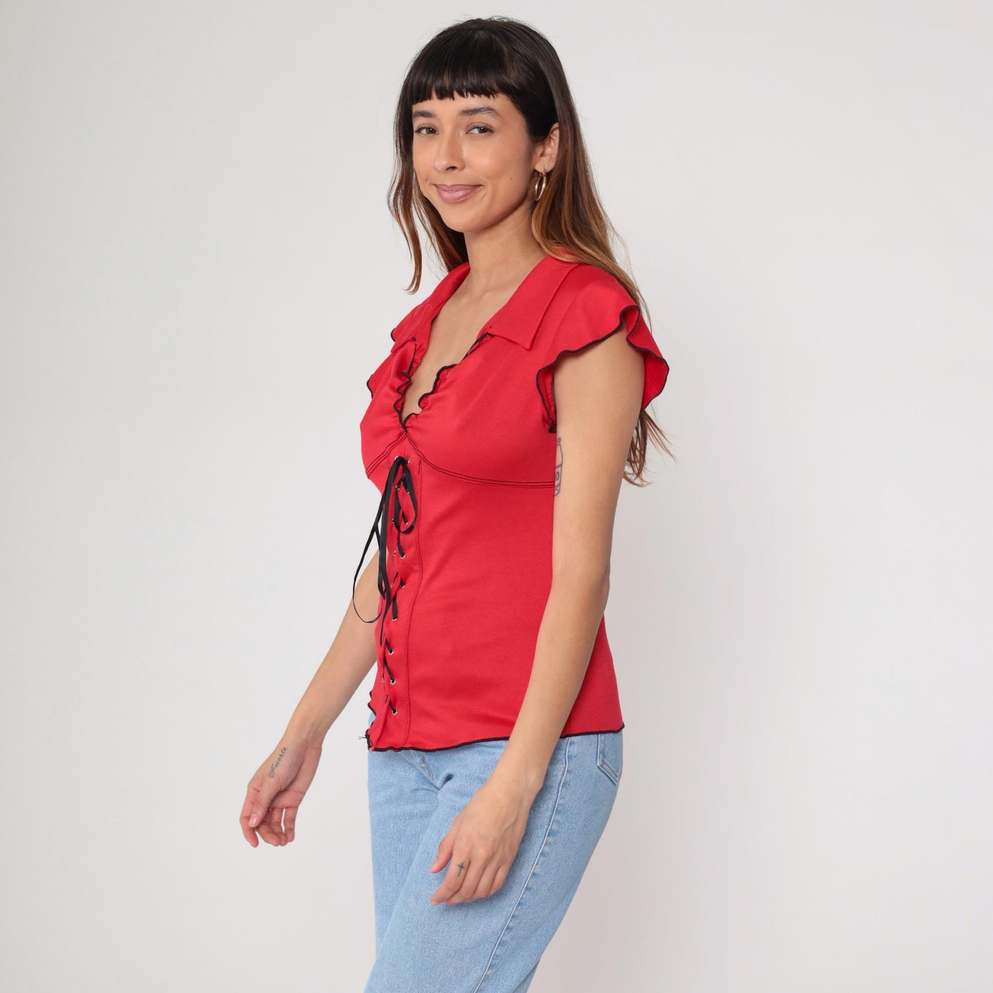 Y2K Red Lace-Up Corset Top Black Trim Ruffle Cap Sleeve Medium M