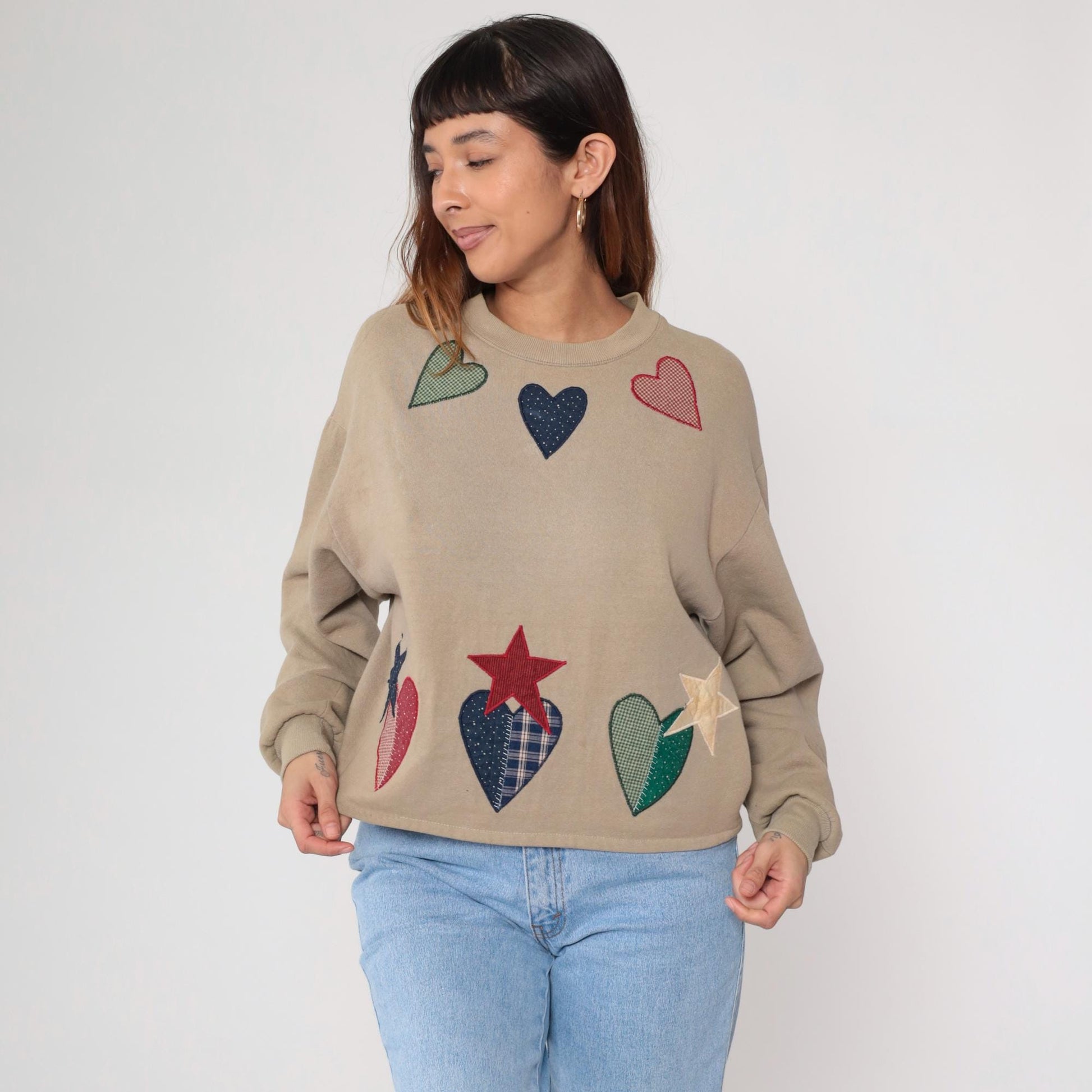 90s Patchwork Heart Applique Cropped Sweatshirt Tan Medium M