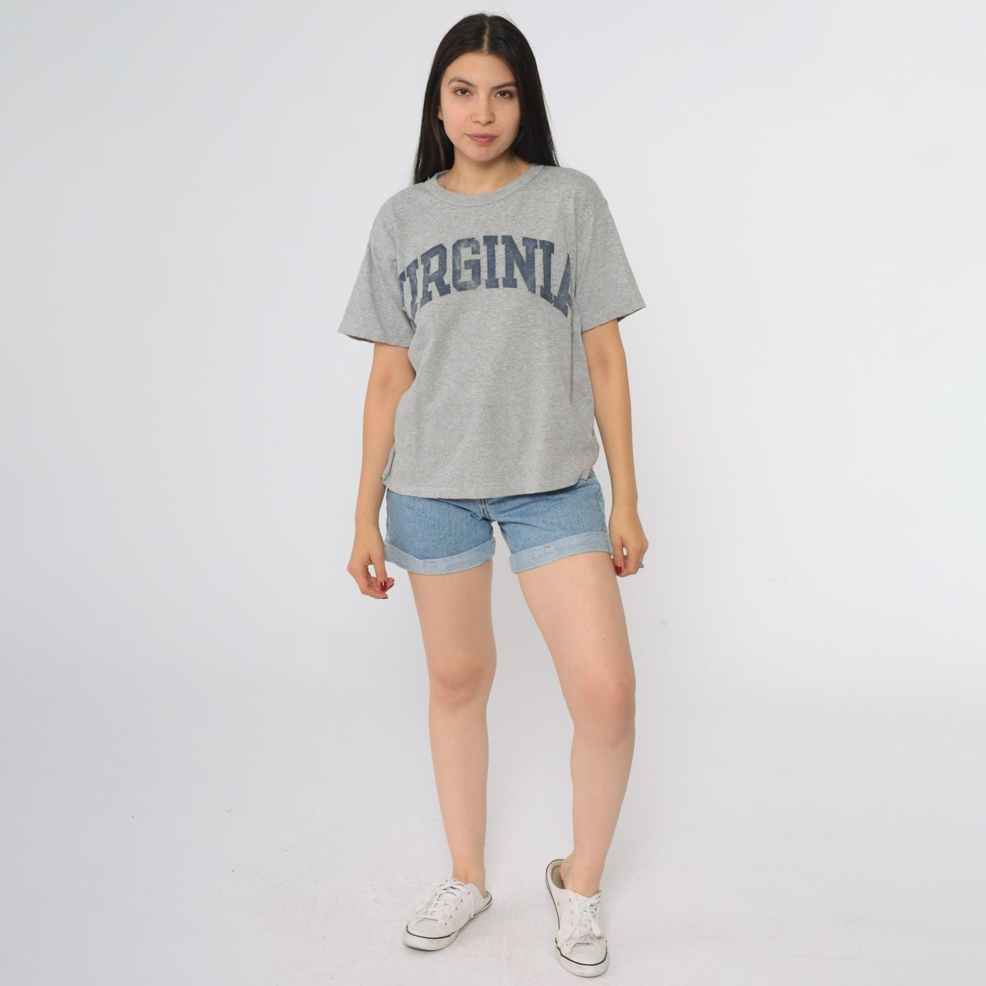 90s Champion Virginia State Graphic T-Shirt Heather Grey Navy Medium