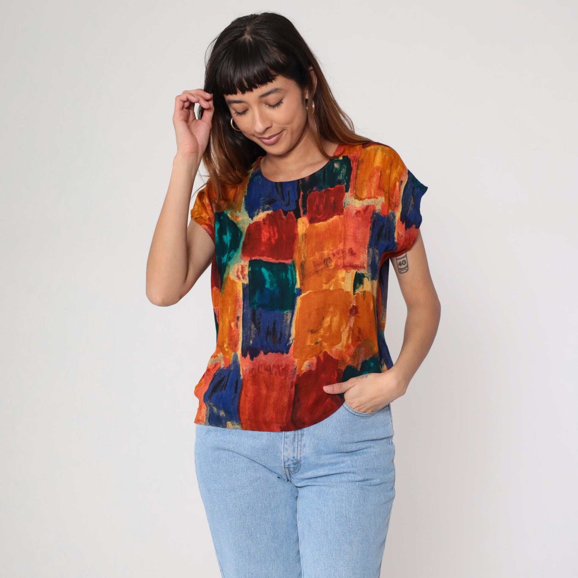 90s Watercolor Abstract Blouse Multicolor Brushstroke Rayon Short Sleeve Small S