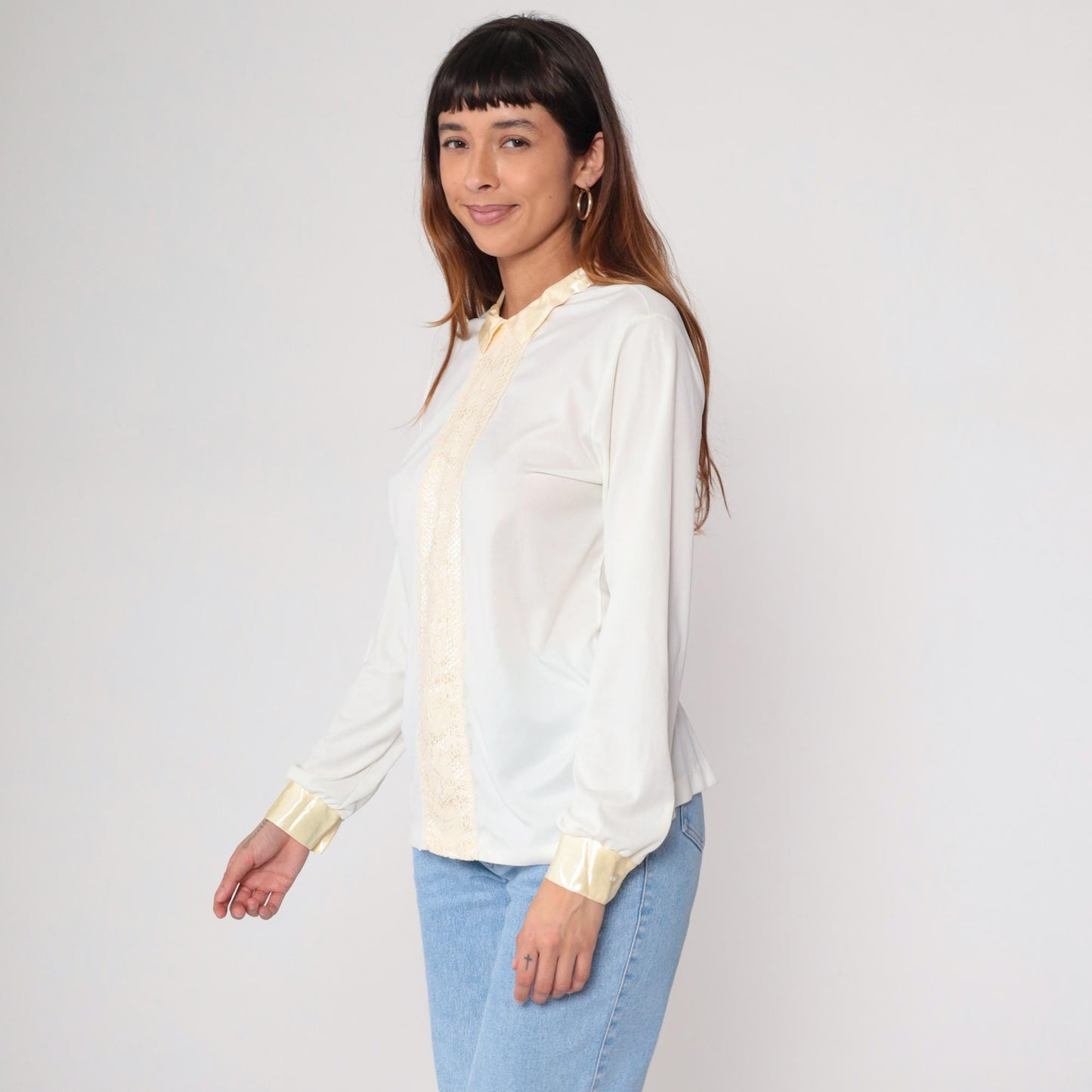 70s White Cream Lace Prairie Blouse Button Up Long Sleeve Medium M