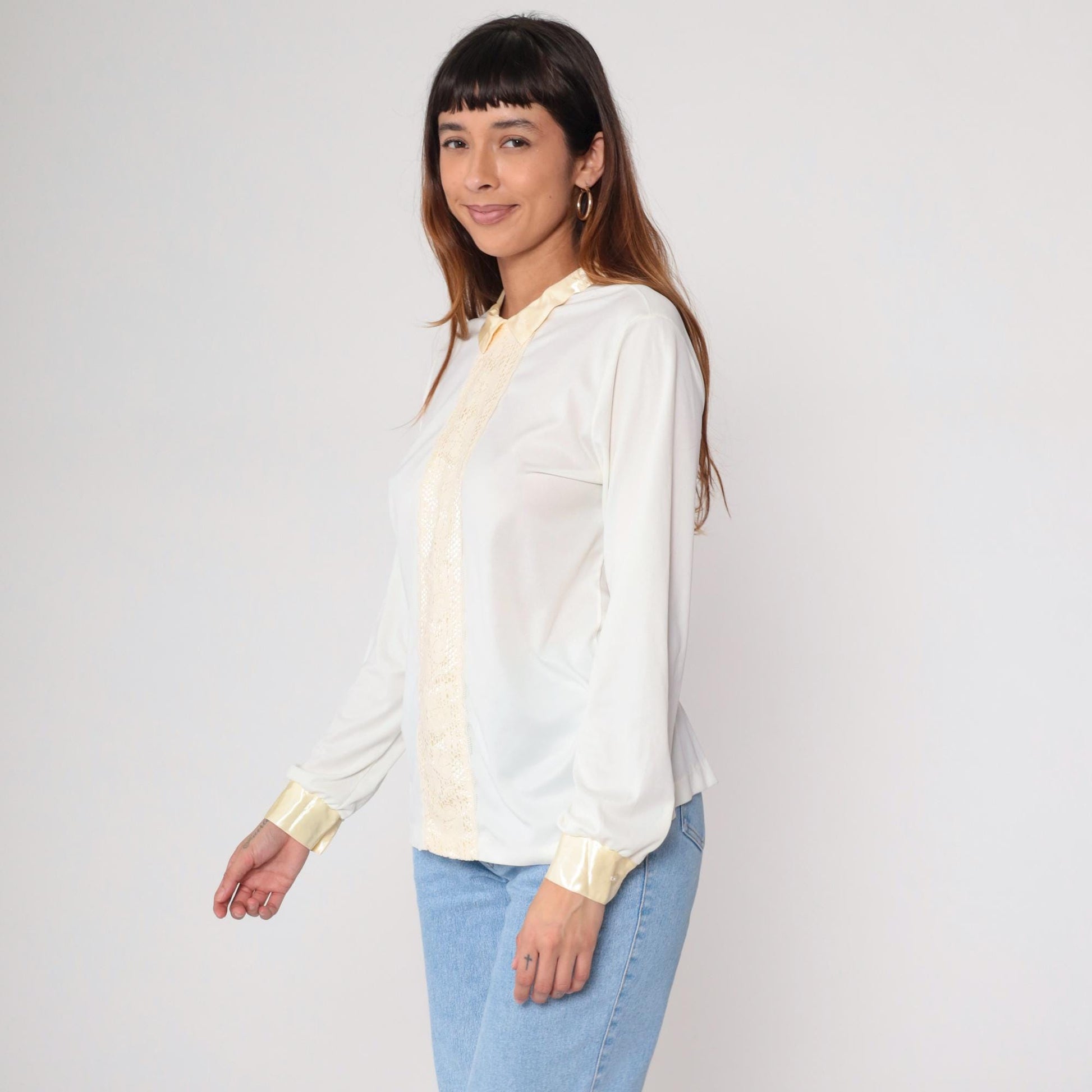70s White Cream Lace Prairie Blouse Button Up Long Sleeve Medium M