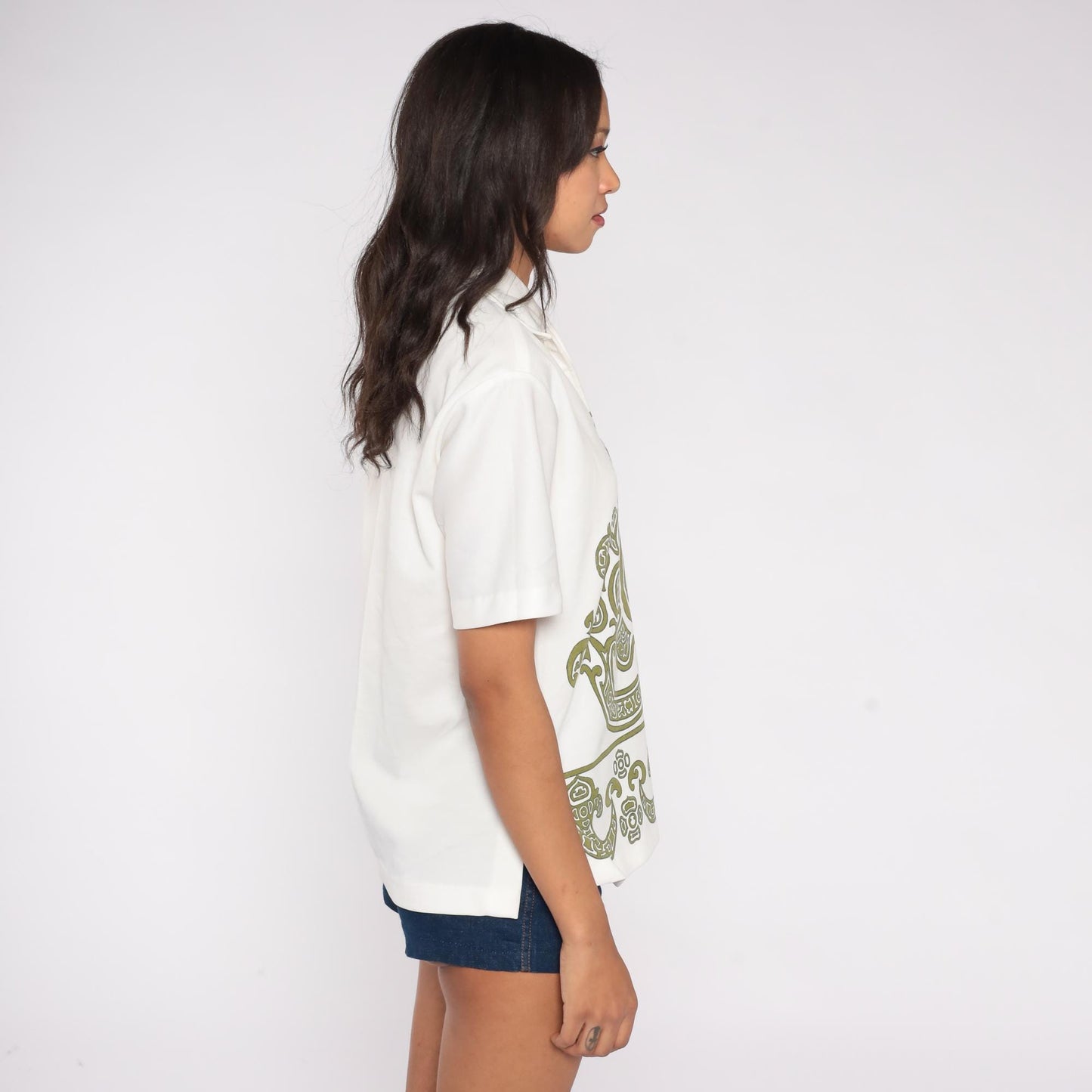 70s Keone Sportswear Hawaiian Shirt Olive Medallion Print Pointed Collar Medium