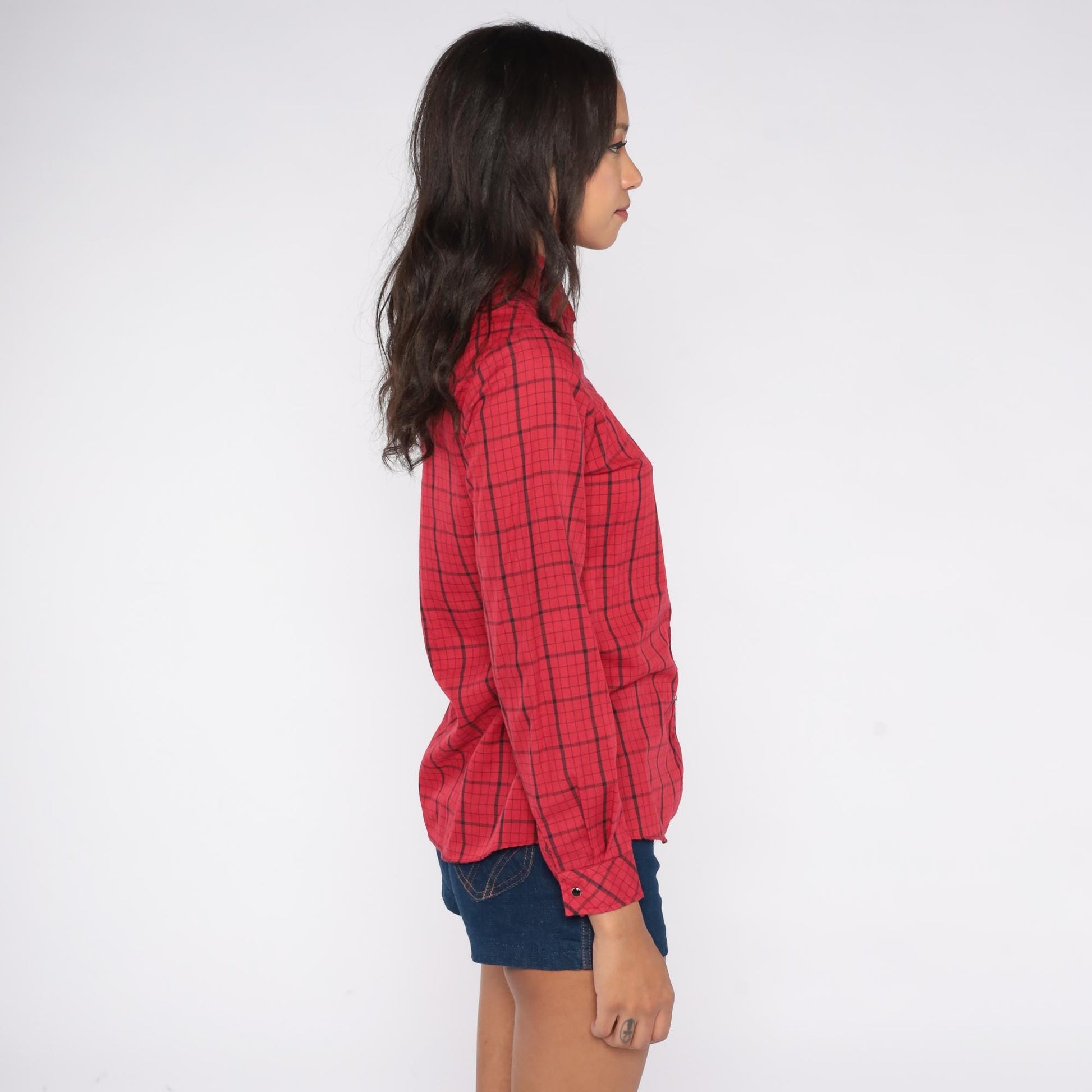 80s Cameo Rose Red Black Plaid Pearl Snap Western Shirt Small
