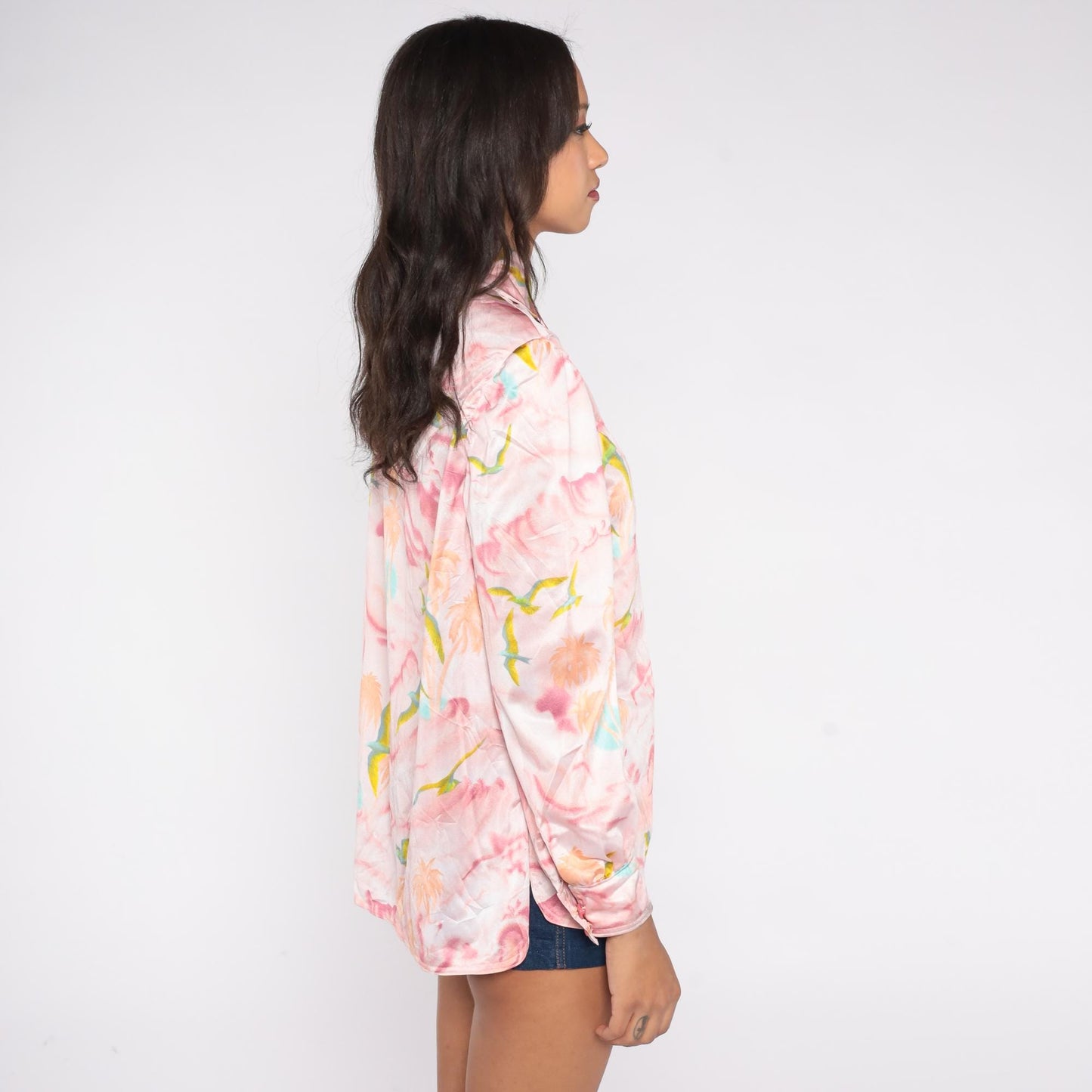 70s Pink Blouse Palm Tree Bird Watercolor Print Long Sleeve Medium