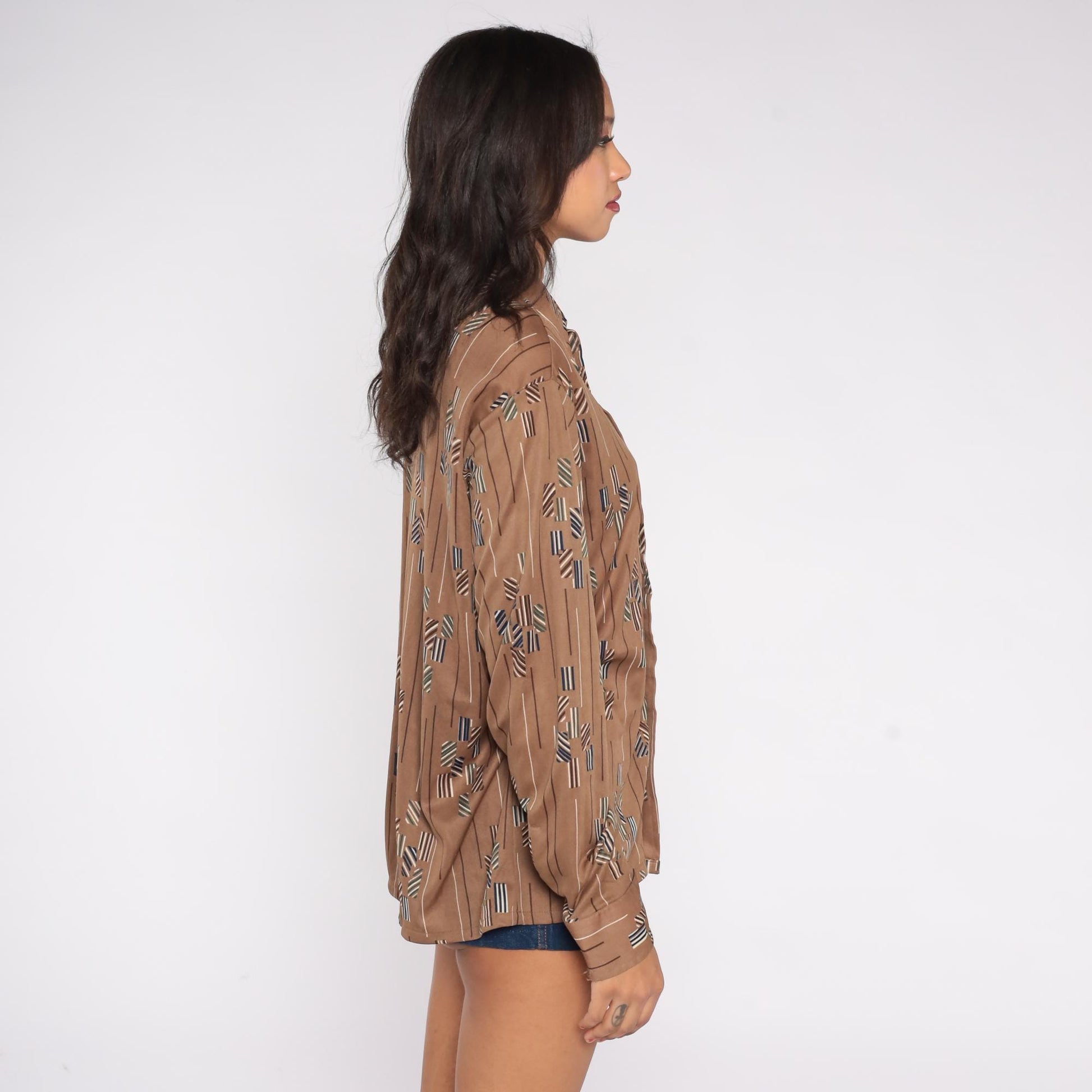 70s Moving Up Abstract Geometric Striped Button-Down Shirt Brown Tan Large