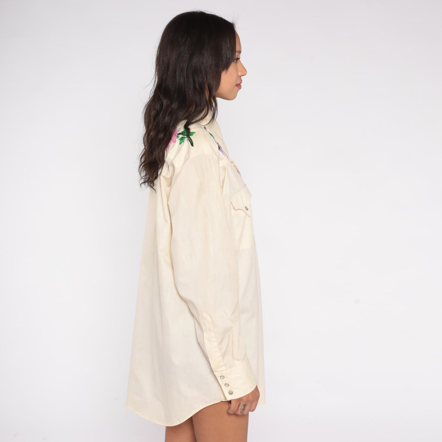 70s Lee Western Shirt Cream Floral Embroidered Pearl Snap Unisex Large