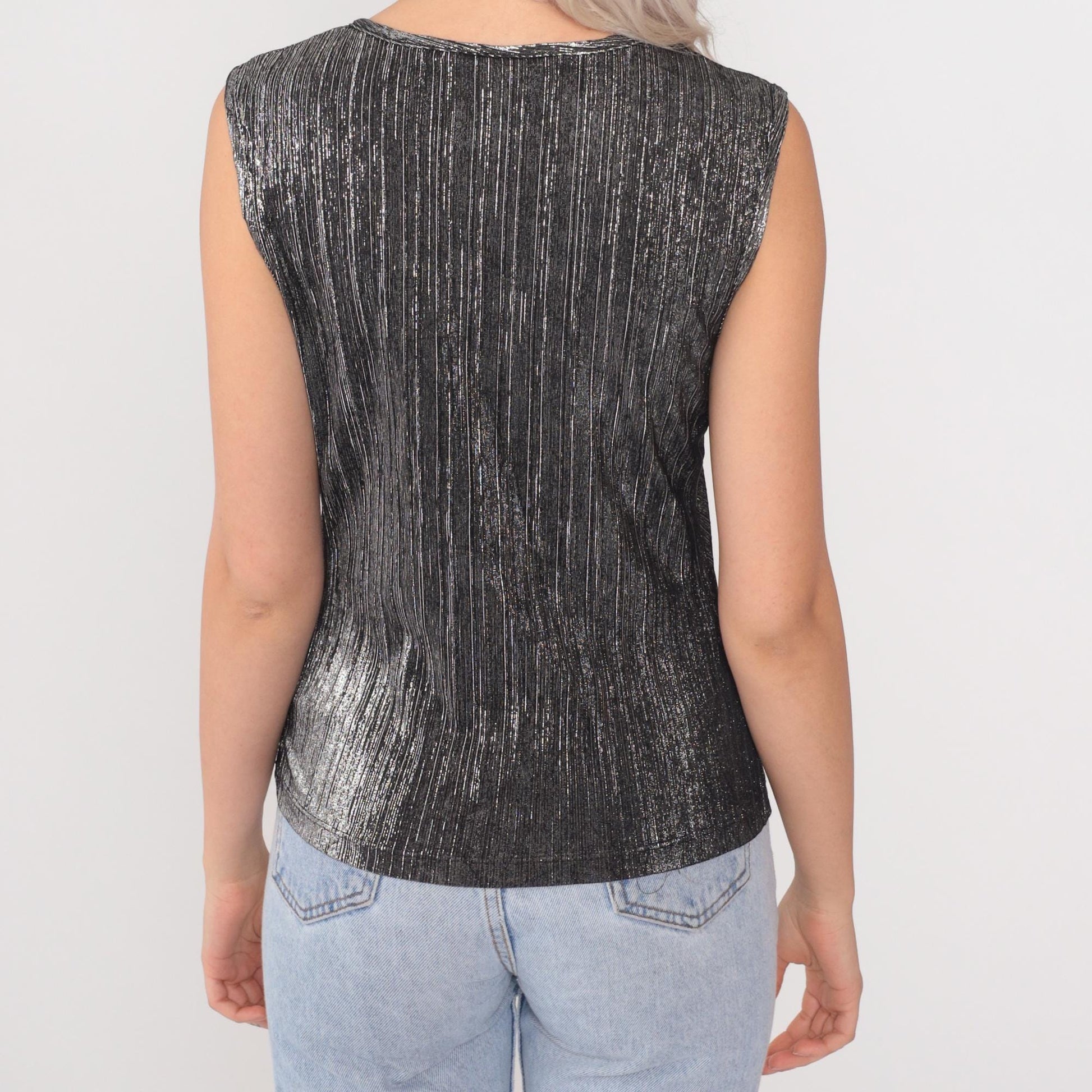 90s David Benjamin Silver Metallic Chevron Tank Top Black V-Neck Small S