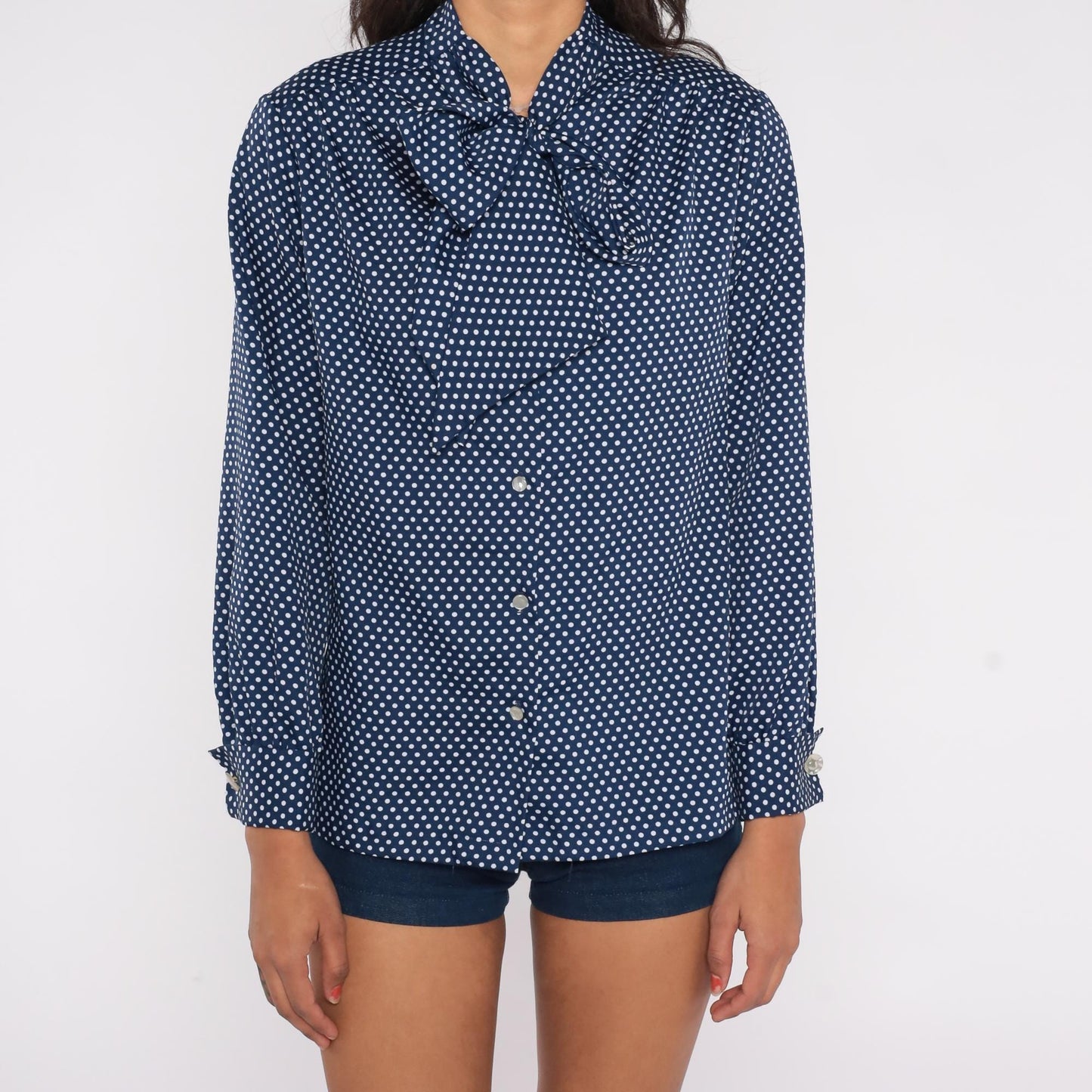 80s Navy Polka Dot Button-Down Blouse White Dots Pussy Bow Medium M