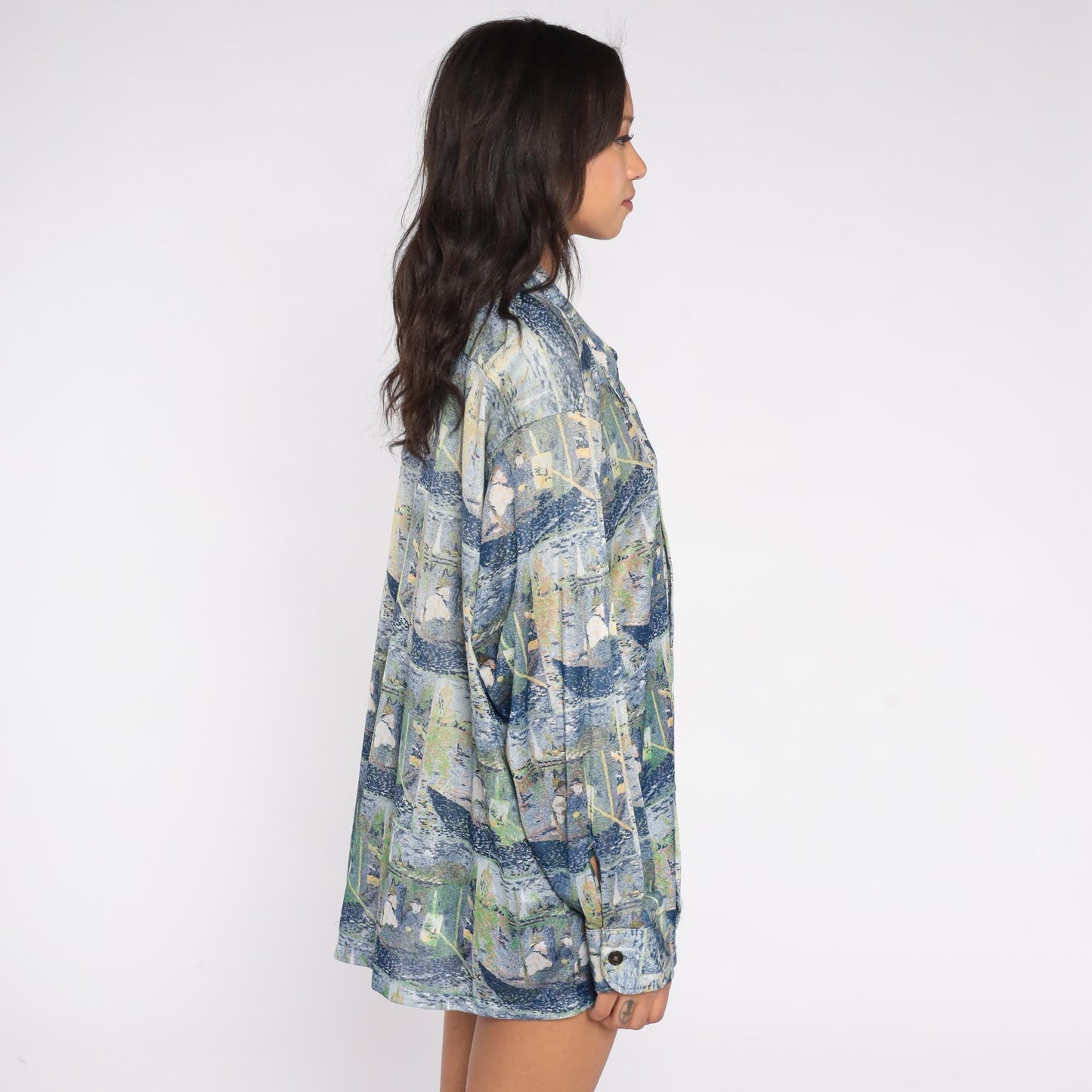 70s Claude Monet Impressionist Boating Scene Button Down Shirt Blue Green XXL