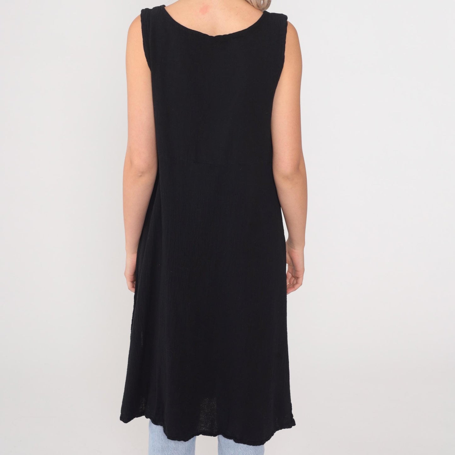 Y2K Black Cotton Vest Dress Tie Front Long Duster Side Slit Large L
