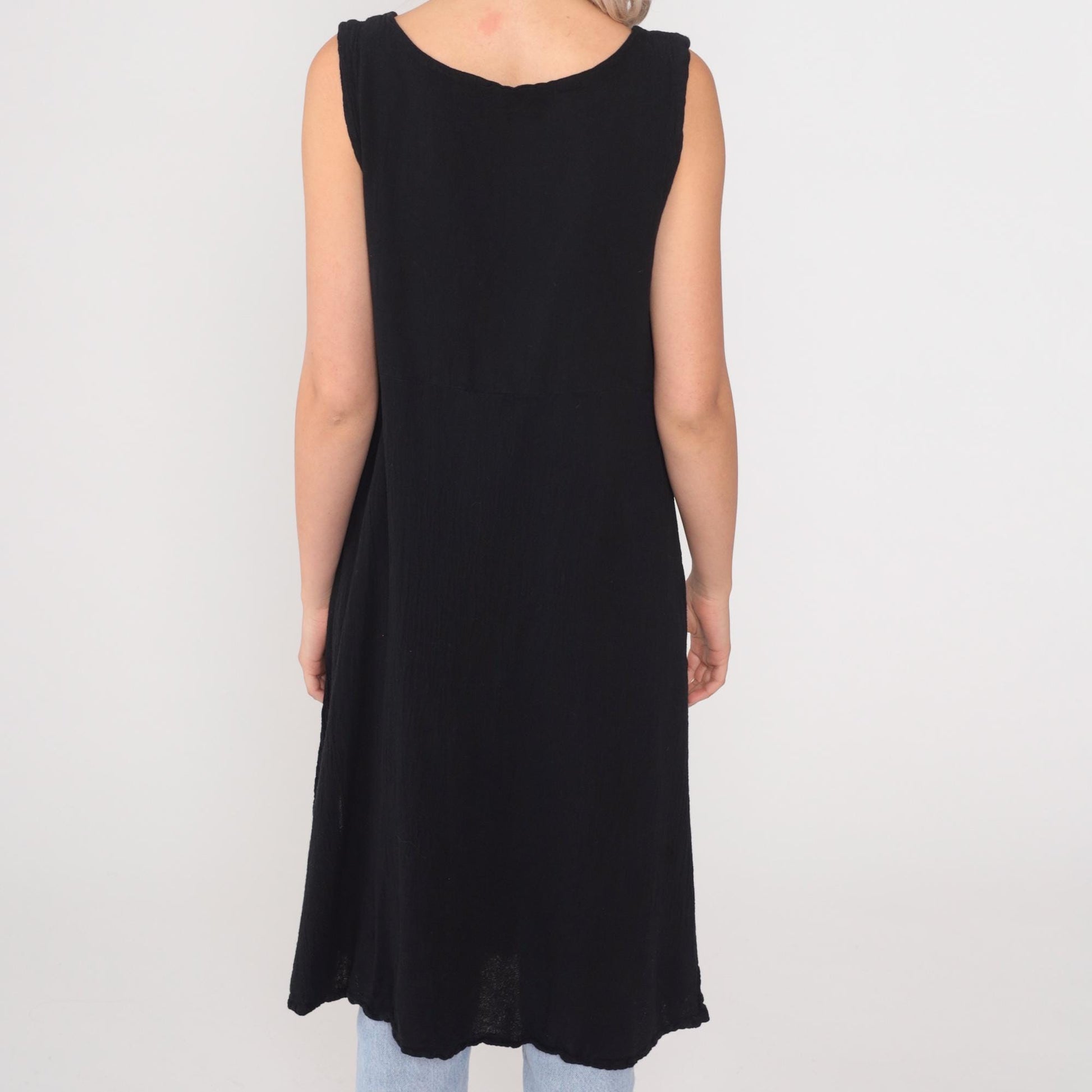 Y2K Black Cotton Vest Dress Tie Front Long Duster Side Slit Large L