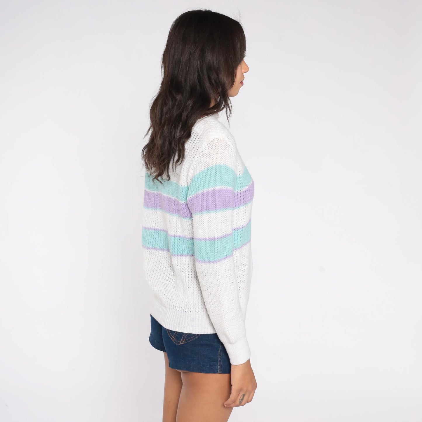 80s Green Lantern Striped Knit Sweater White Mint Lavender Small