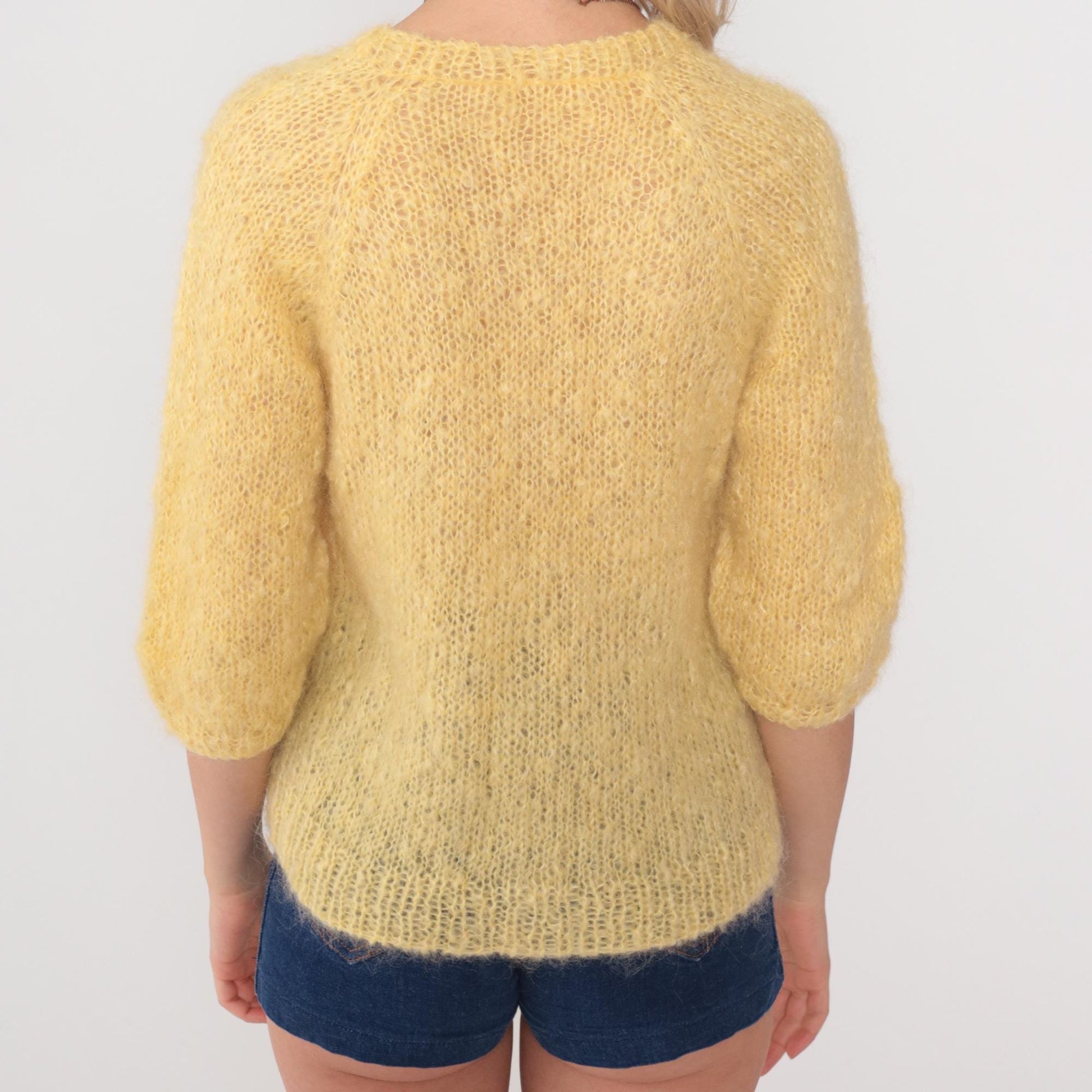 70s Yellow Mohair V-Neck Sweater Cropped 3/4 Sleeve Open Knit Small S