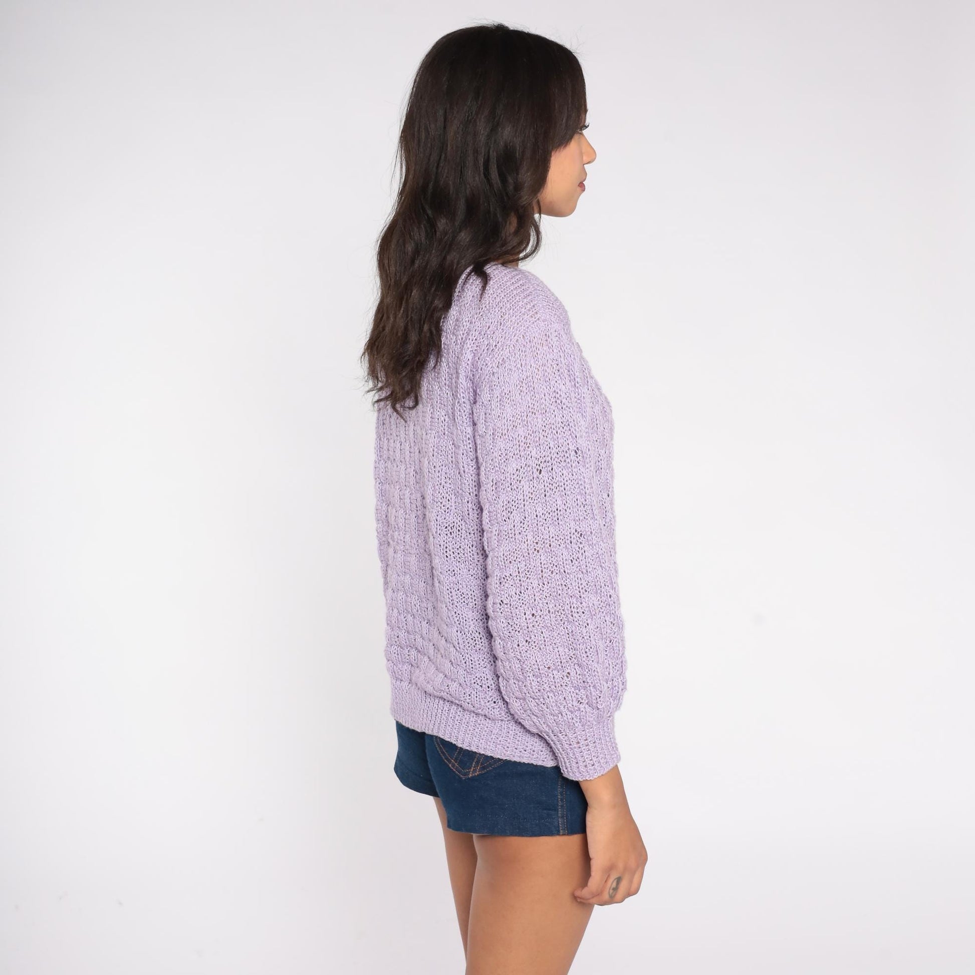 80s Lavender Knit Sweater Loose Weave Crew Neck Pullover Medium M
