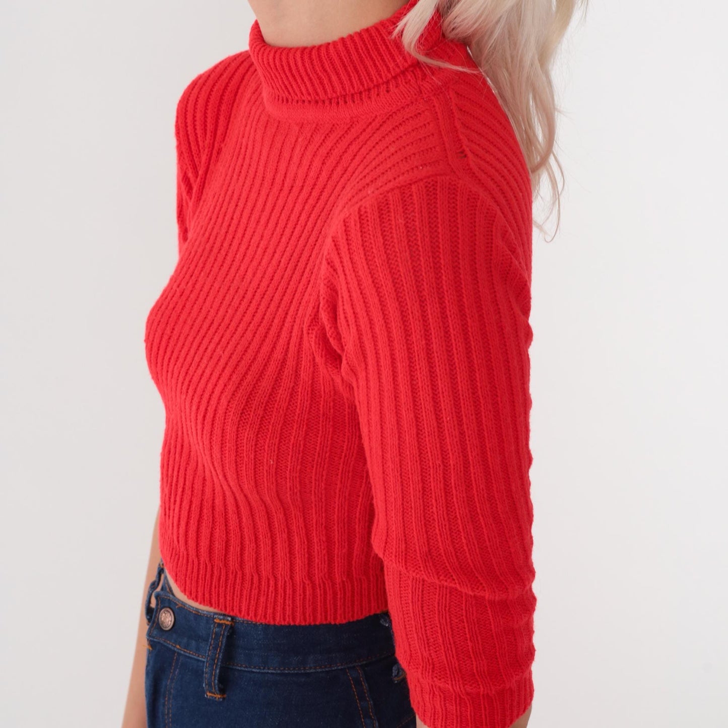 70s Red Ribbed Knit Crop Sweater Mock Neck Three Quarter Sleeve Small