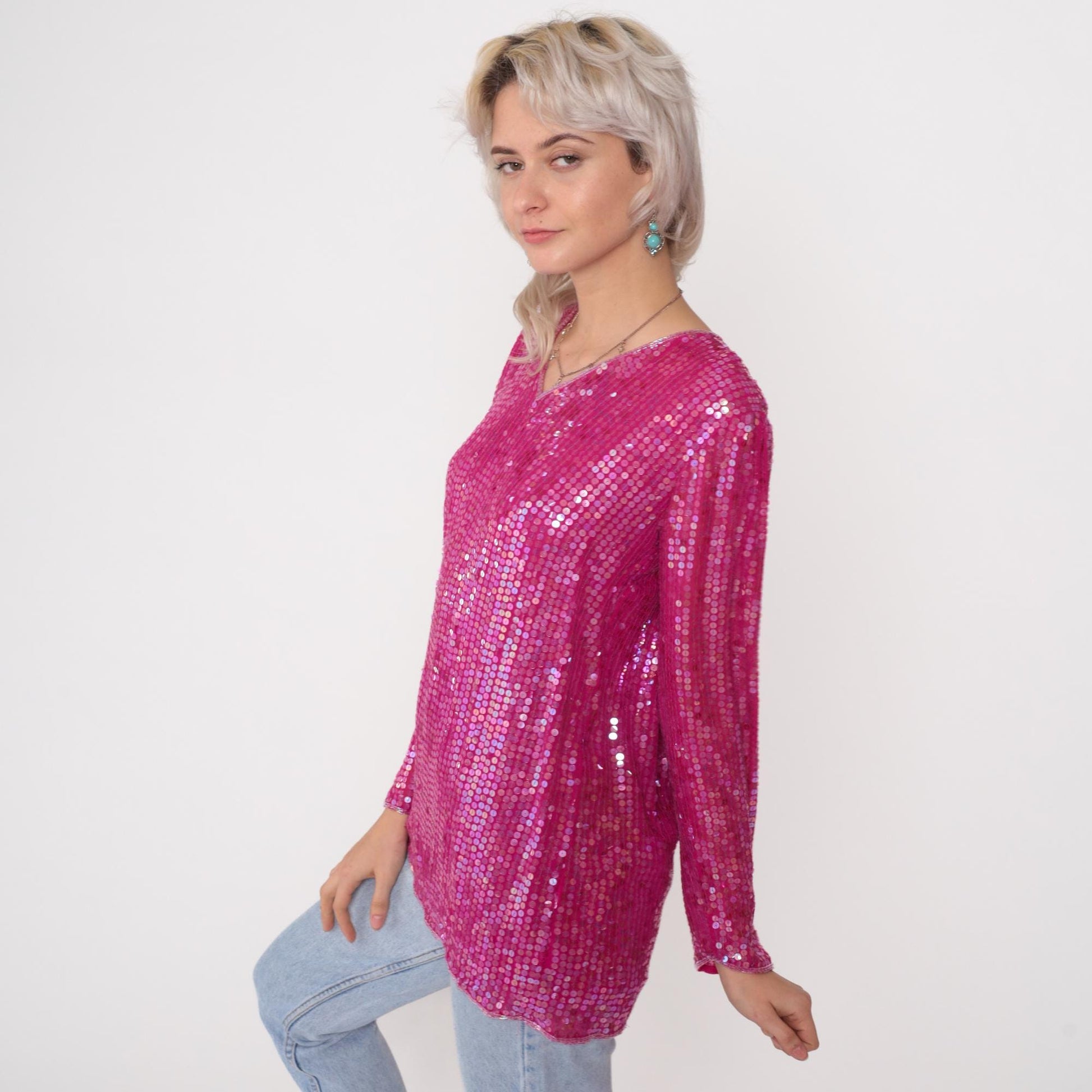 90s Hot Pink Sequin Silk Blouse Iridescent V-Neck Long Sleeve Small
