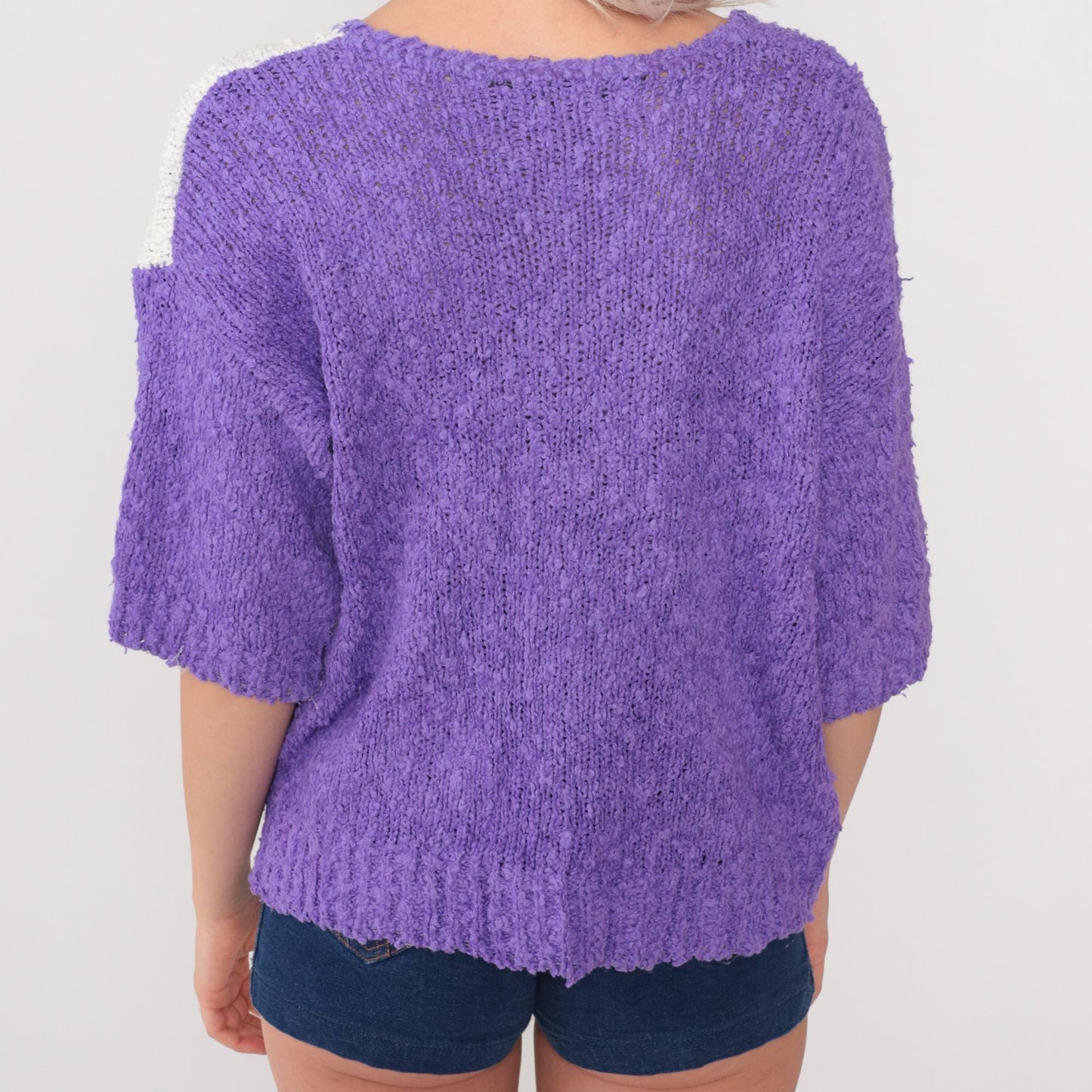 80s Purple Cream Color Block Sweater Leaf Appliqué V-Neck Small S