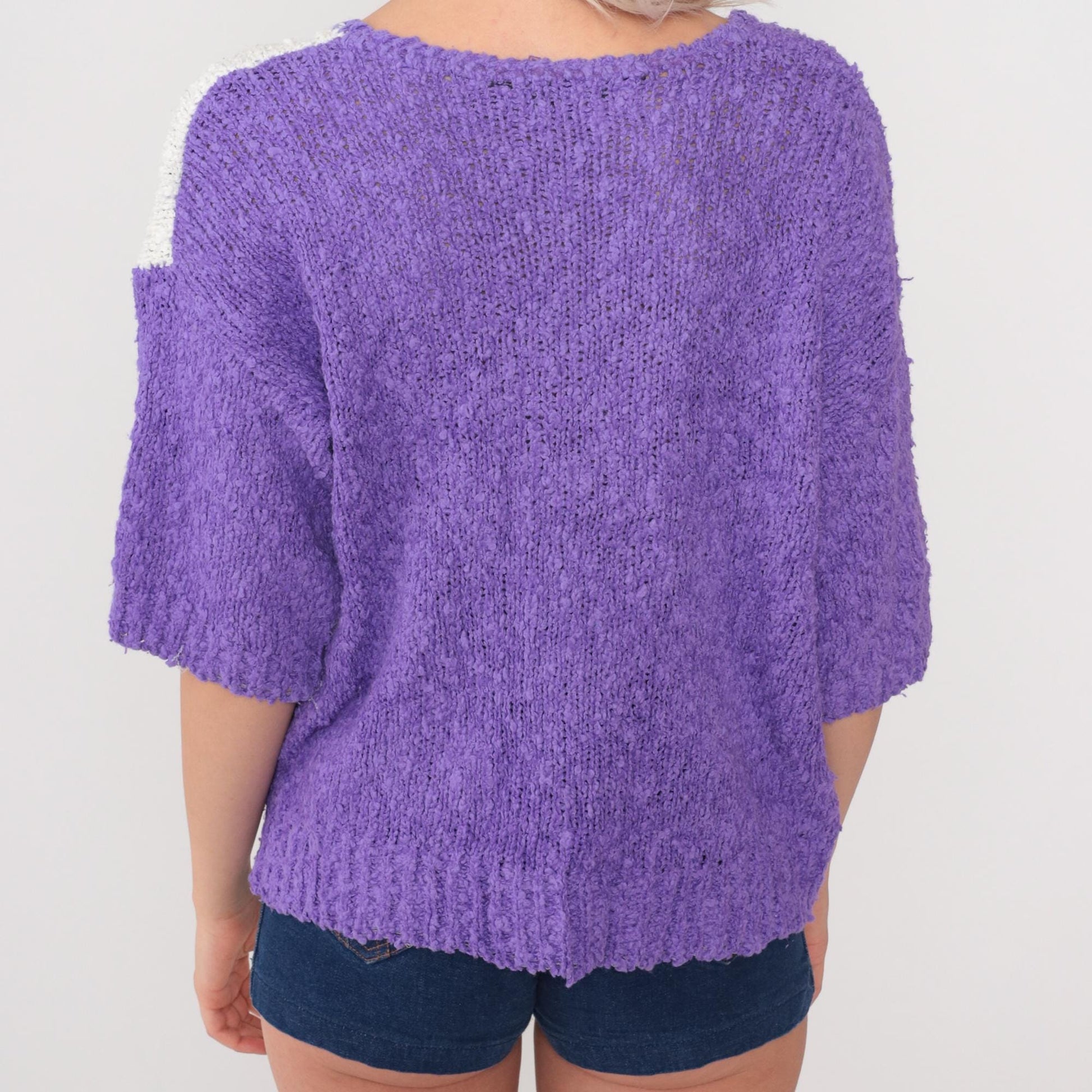 80s Purple Cream Color Block Sweater Leaf Appliqué V-Neck Small S