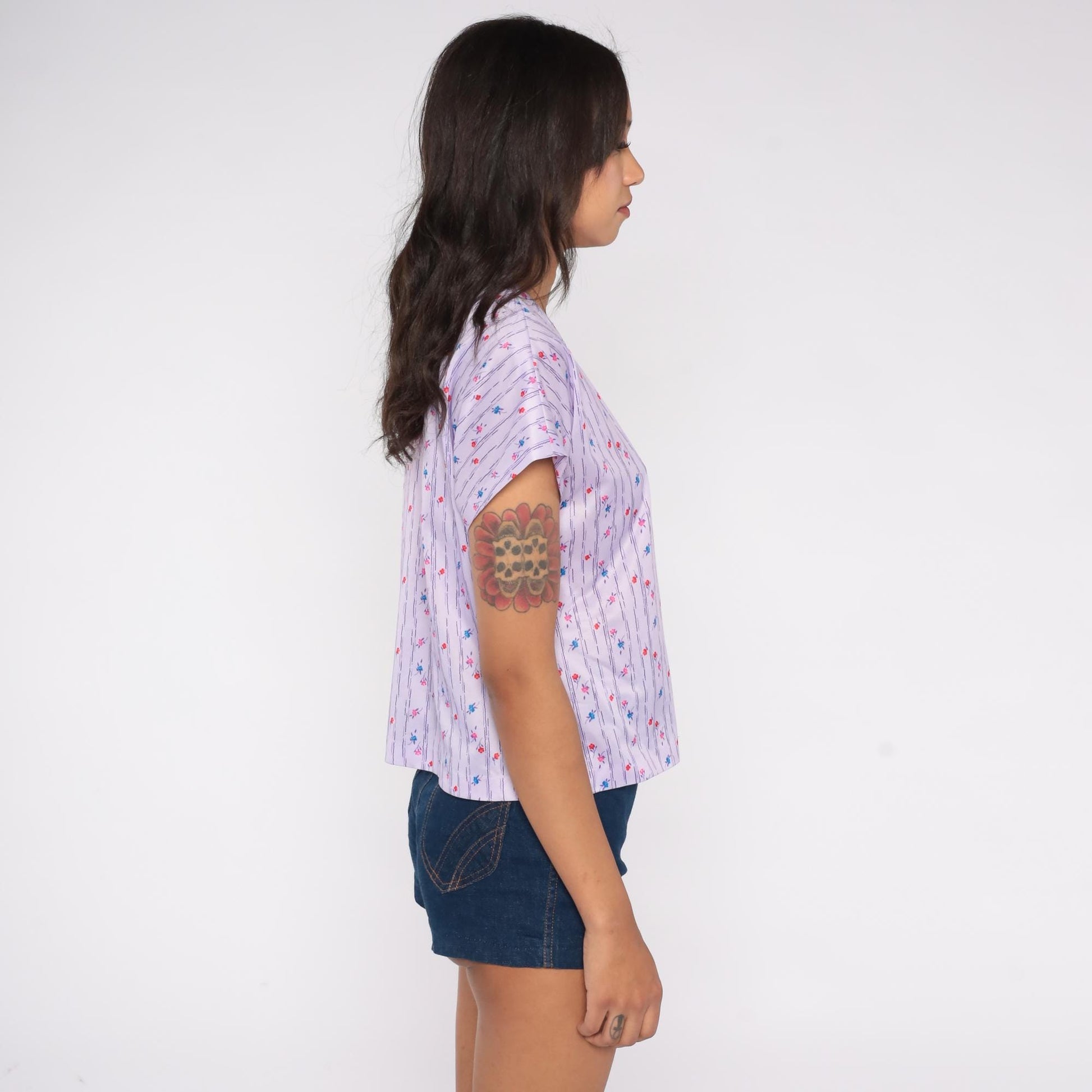70s Lavender Floral Blouse Purple Striped Square Neck Button Front Short Sleeve Medium