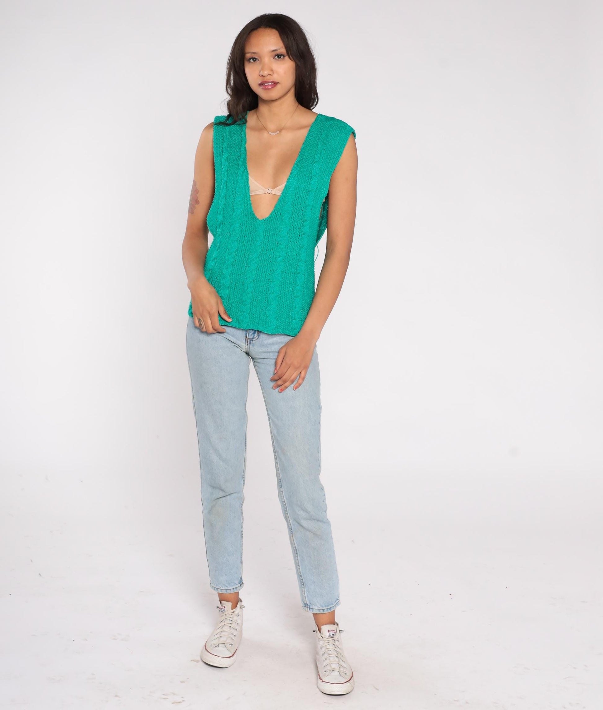 90s Emerald Cable Knit Vest Deep V-Neck Preppy Sleeveless Sweater Small S