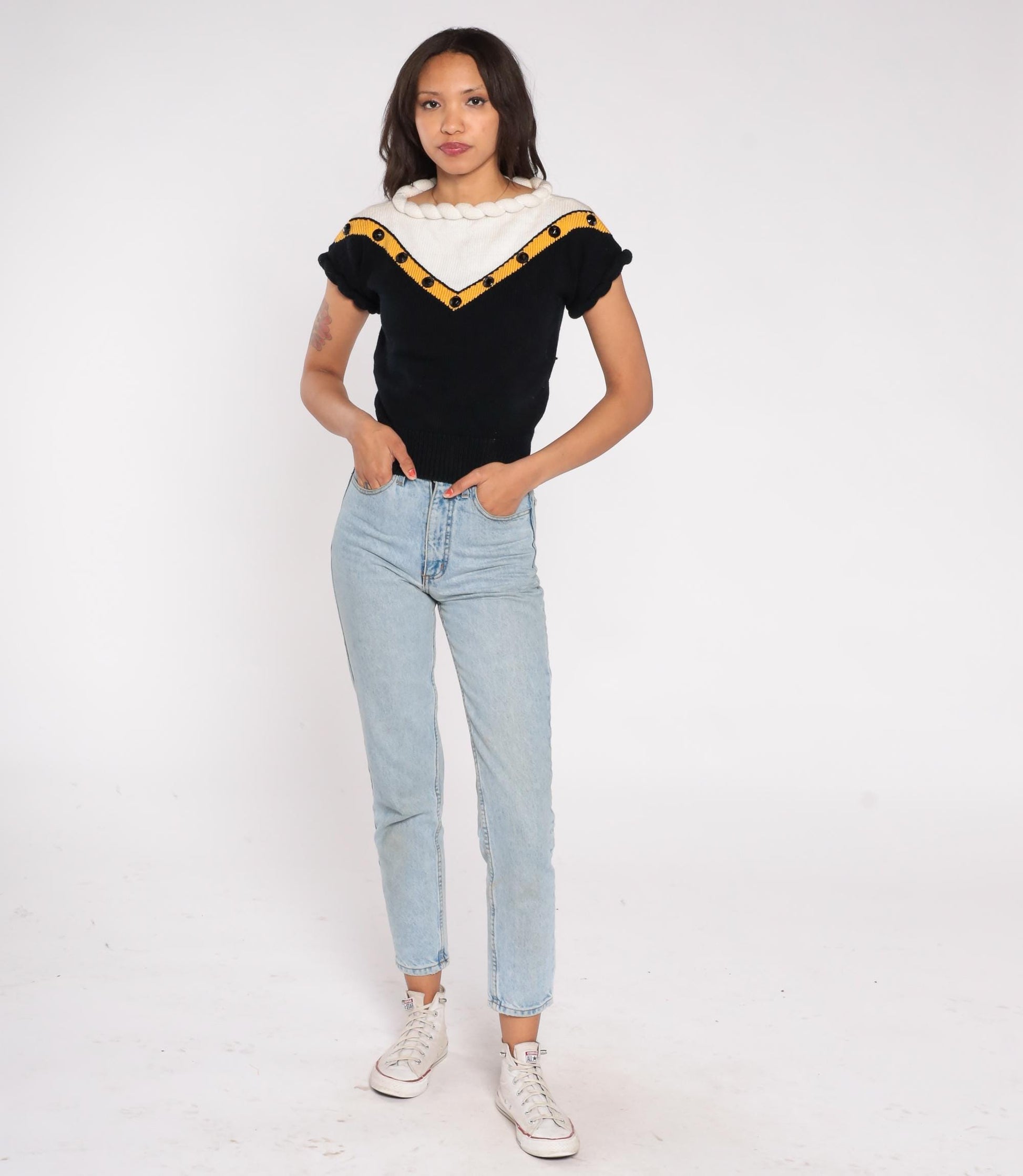 80s Lorna Adams Colorblock Knit Top Rope Collar Black Gold White Small