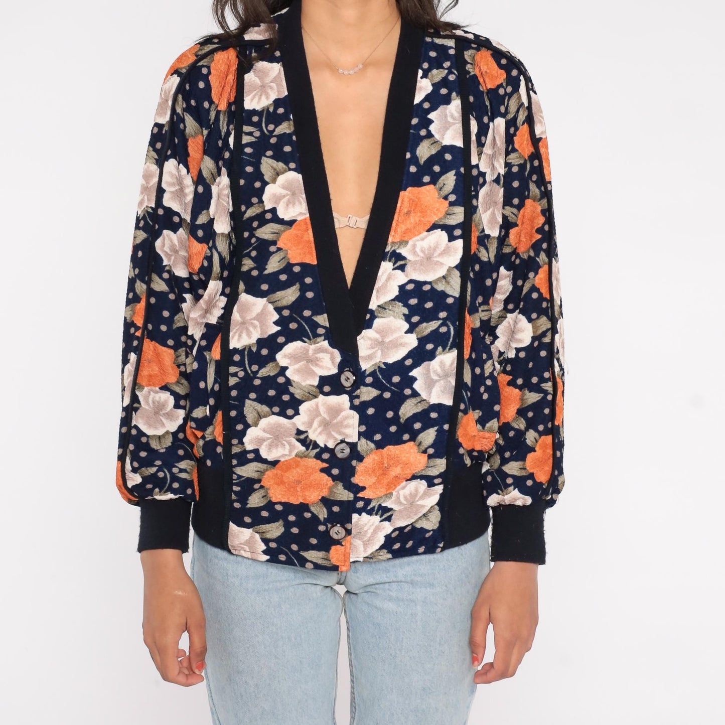 90s Navy Floral Bomber Cardigan Puff Sleeve Button Front Large L