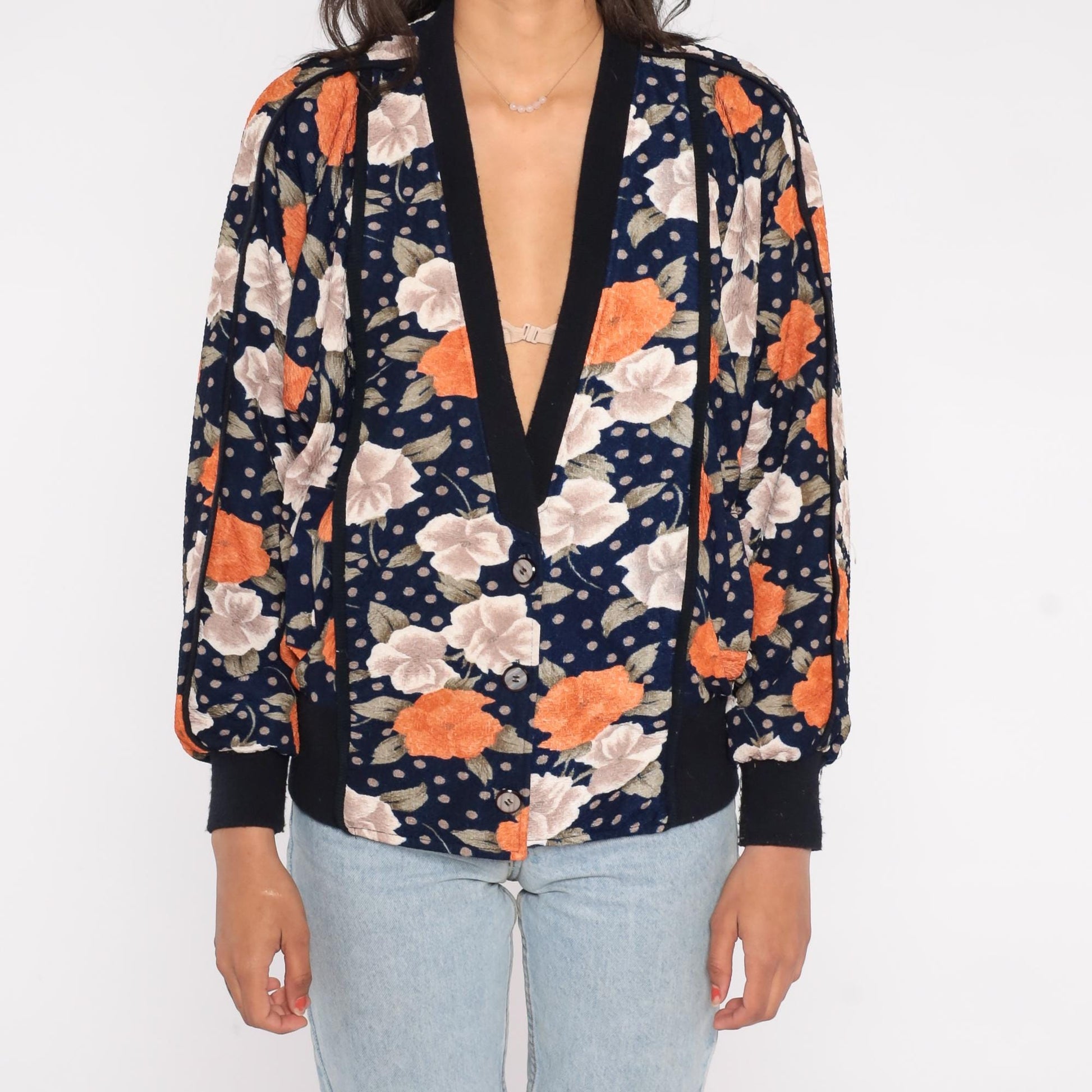 90s Navy Floral Bomber Cardigan Puff Sleeve Button Front Large L