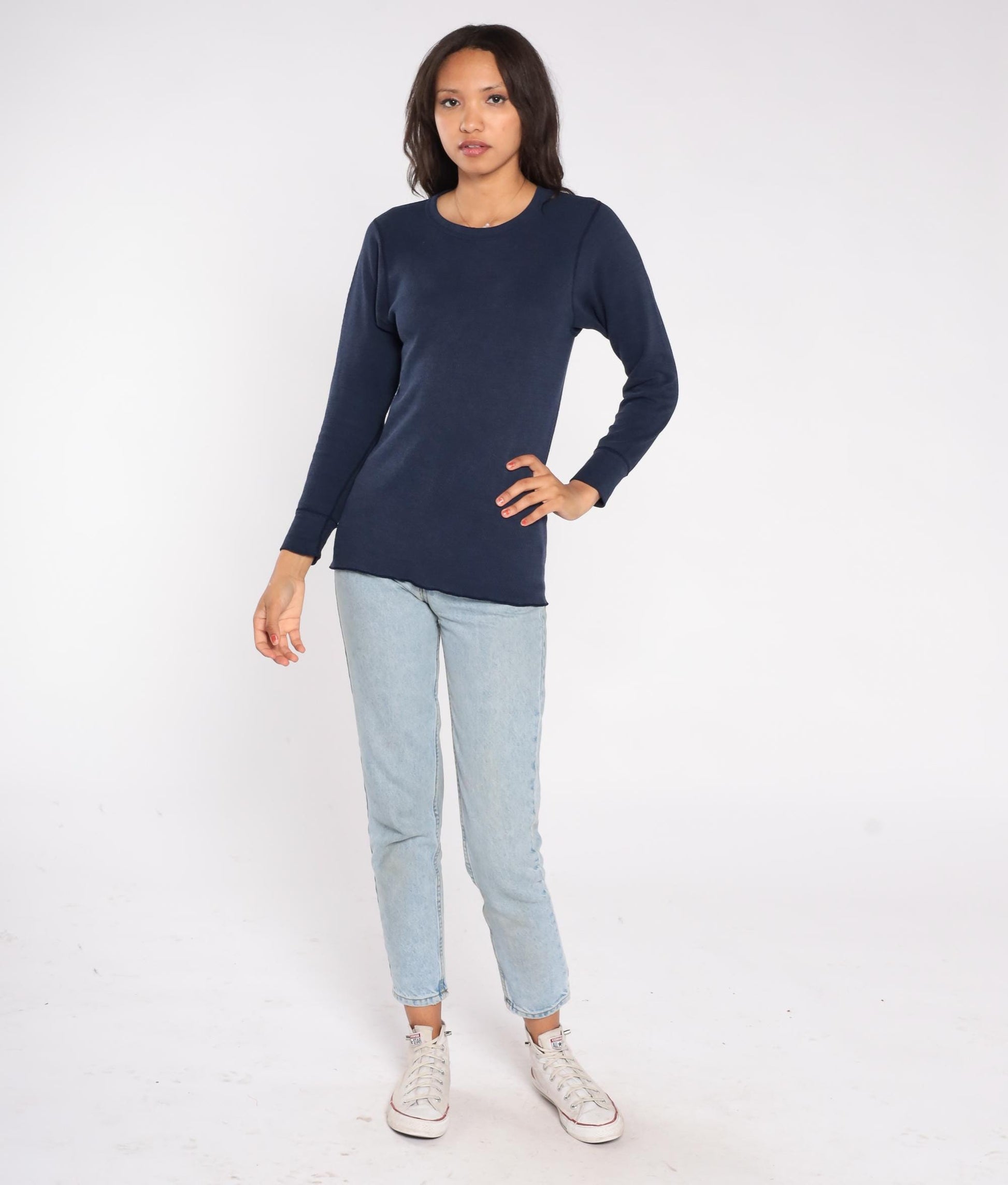 90s St. Johns Bay Navy Thermal Waffle Knit Long Sleeve Crewneck Large L