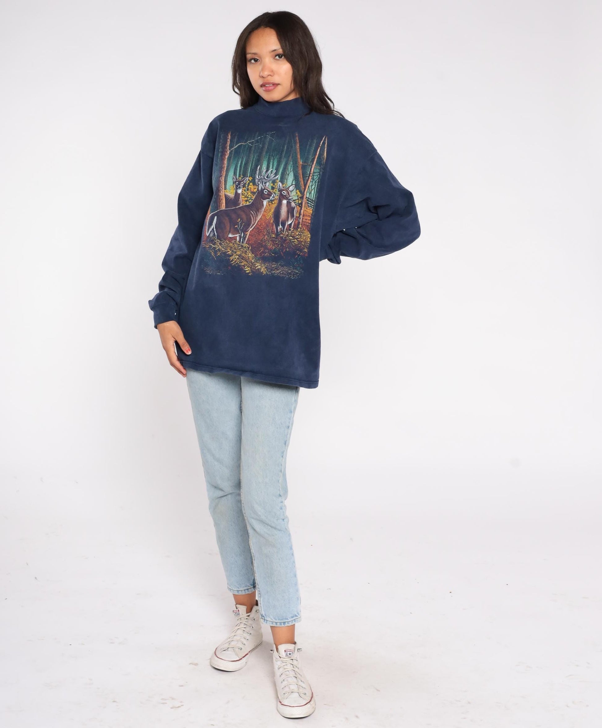 90s Navy Mock Neck Deer Wildlife Sweatshirt Forest Buck Graphic Large L
