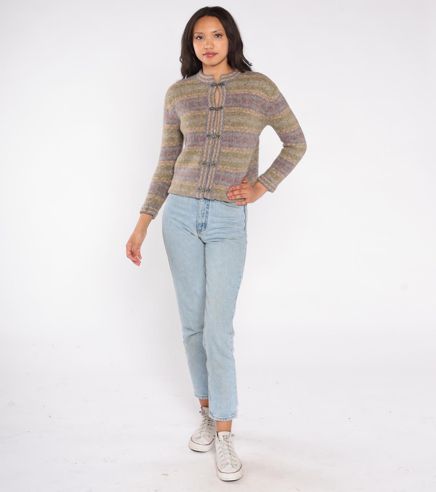 Y2K Wool Cardigan Frog Closure Sage Lavender Striped Cropped Petite Medium