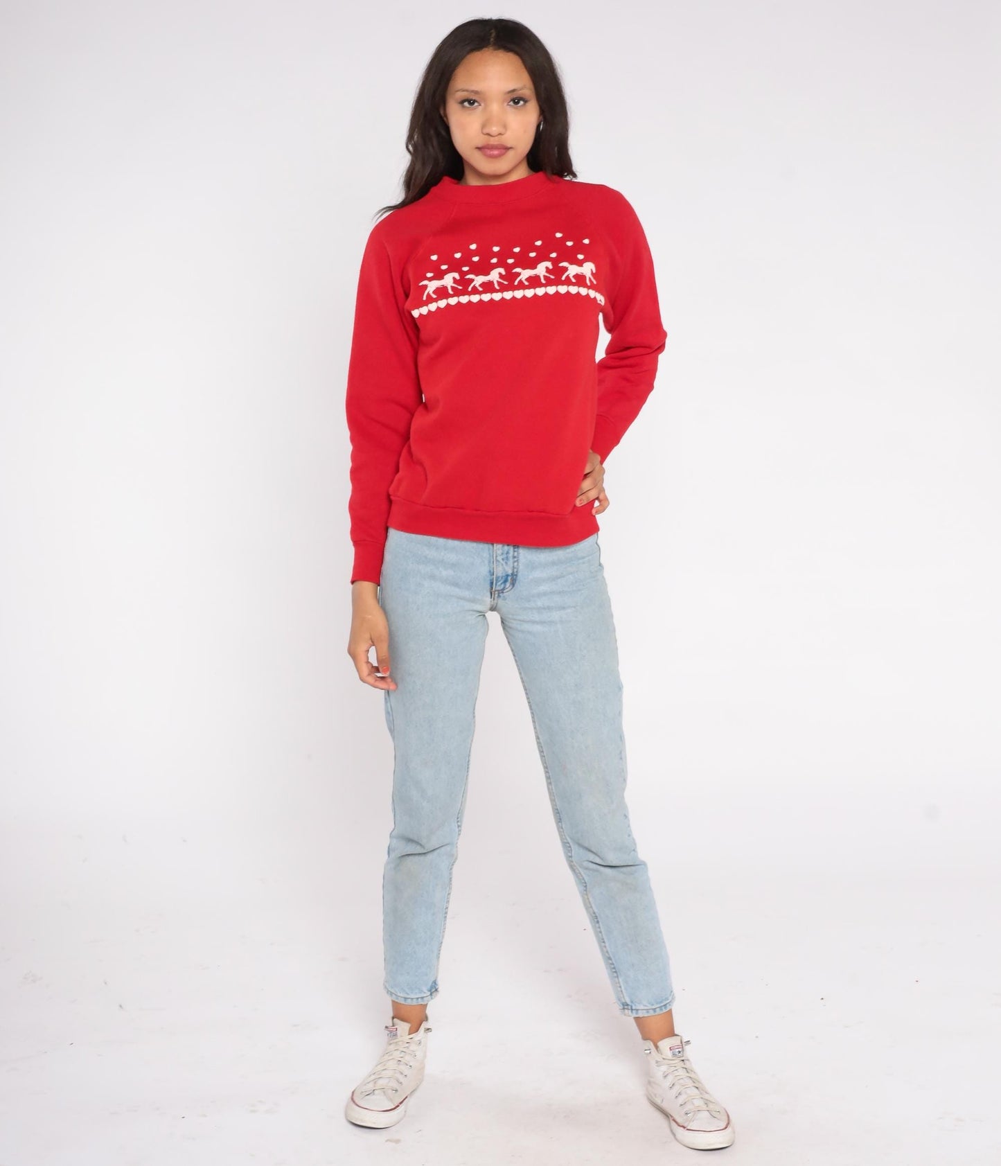 80s Joy Brass Horse Heart Sweatshirt Red Nordic Pattern Raglan Medium