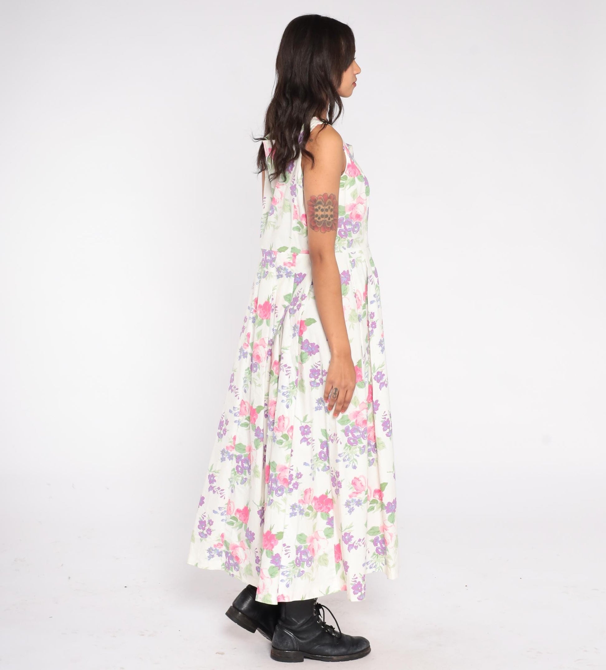 90s Chadwick's Floral Maxi Dress Button Front Cotton Scoop Neck White Pink Purple Large L