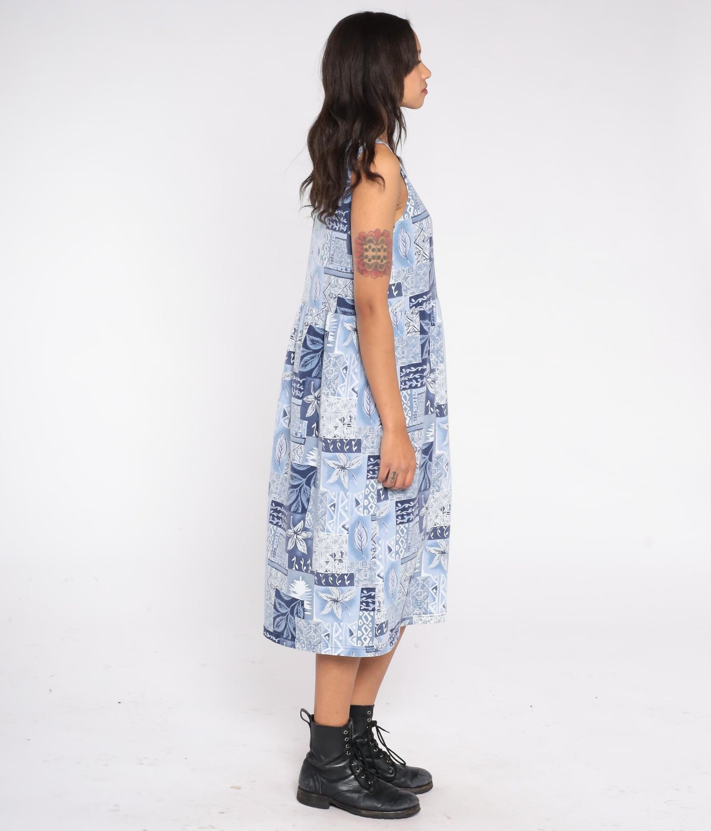 90s Blair Blue Patchwork Floral Midi Dress Sleeveless Button Front Small