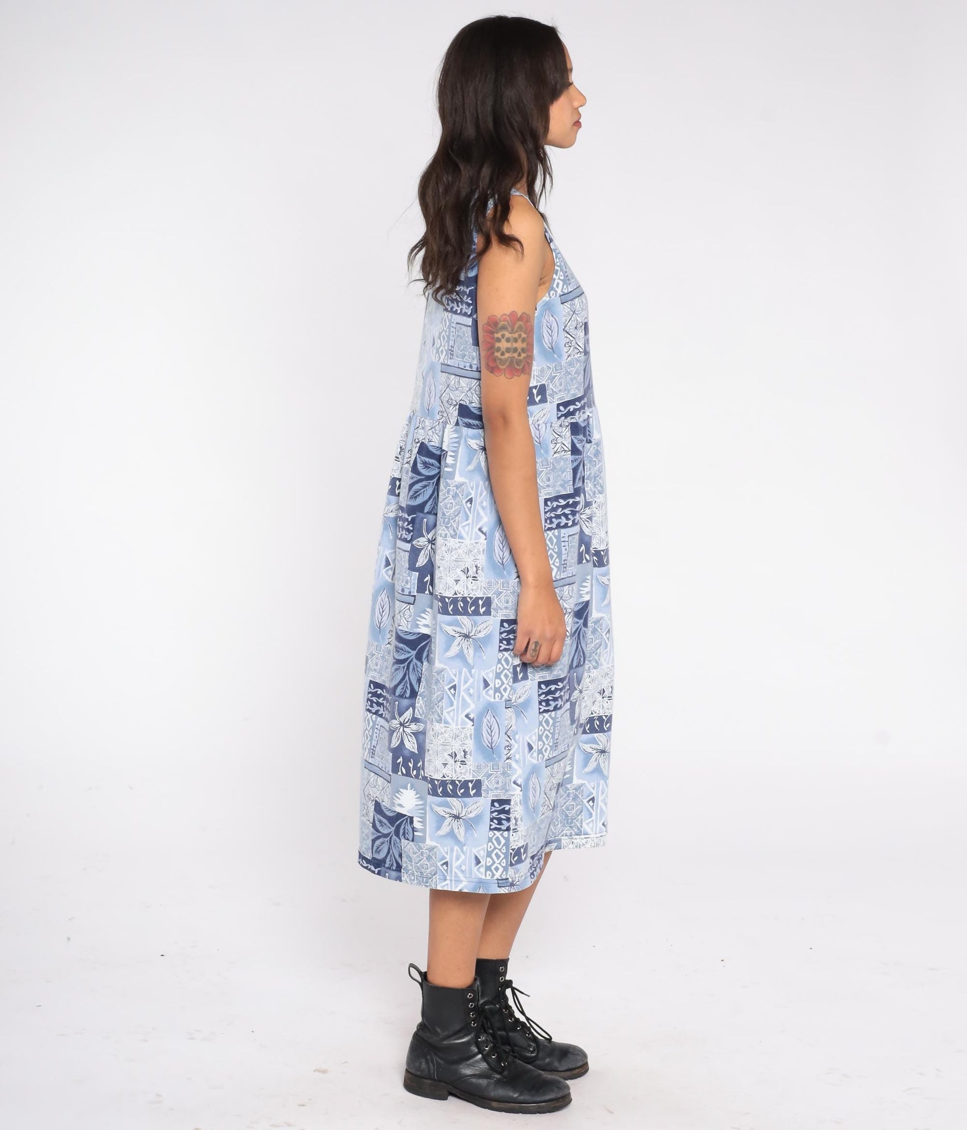 90s Blair Blue Patchwork Floral Midi Dress Sleeveless Button Front Small
