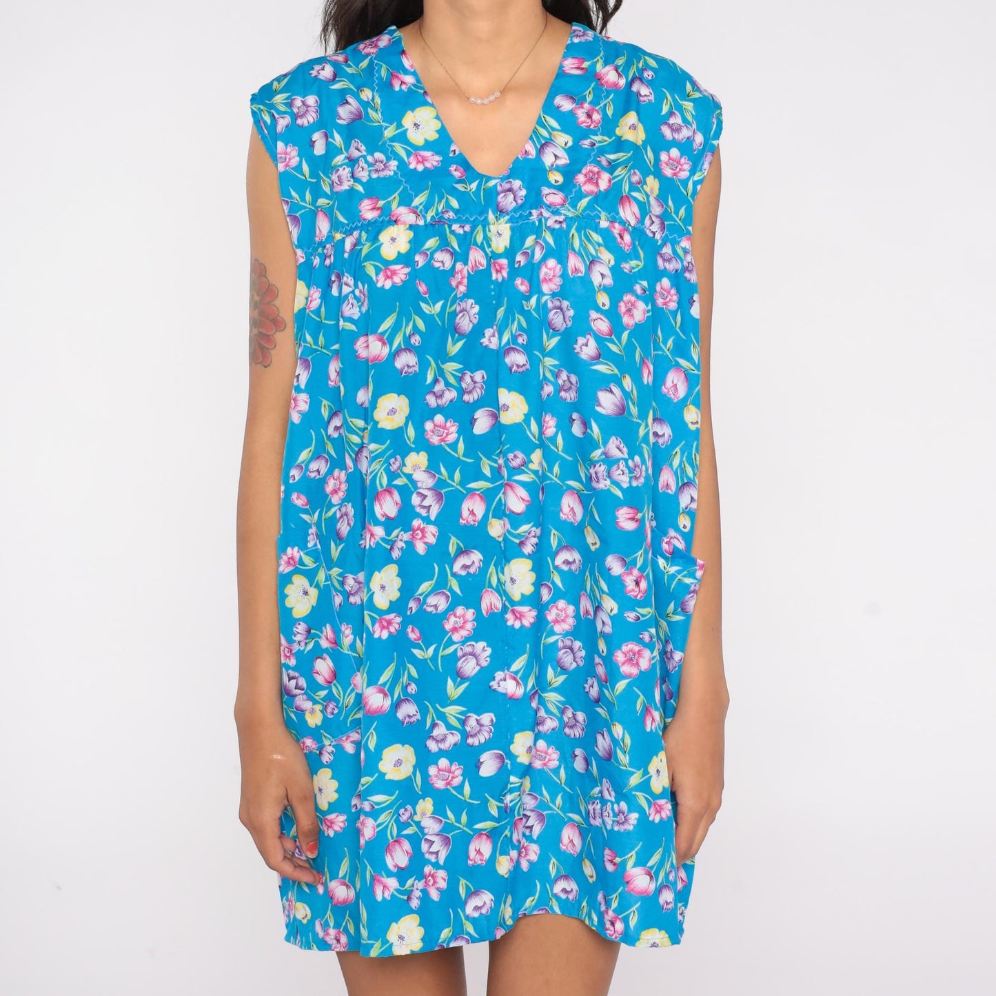 80s Blue Floral Tulip Mini Dress Sleeveless V Neck Babydoll Pockets Small
