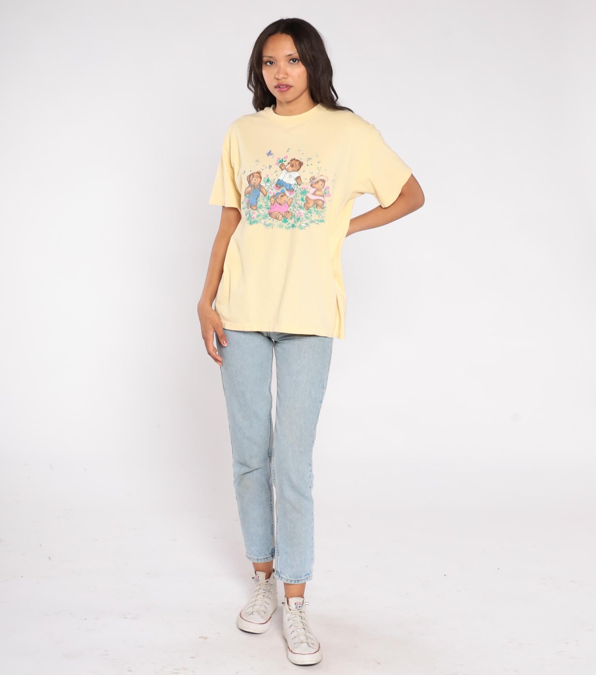 90s Anvil Teddy Bear Picnic Graphic T-Shirt Pastel Yellow Cotton Large L