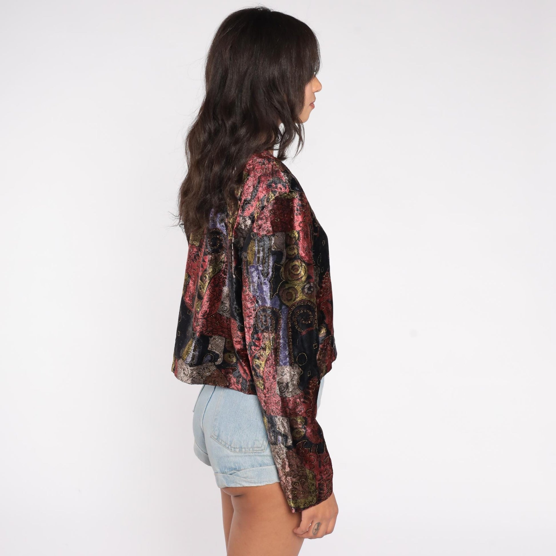 90s Options Melrose Cropped Jacket Abstract Art Pattern Burgundy Purple Gold Black Medium