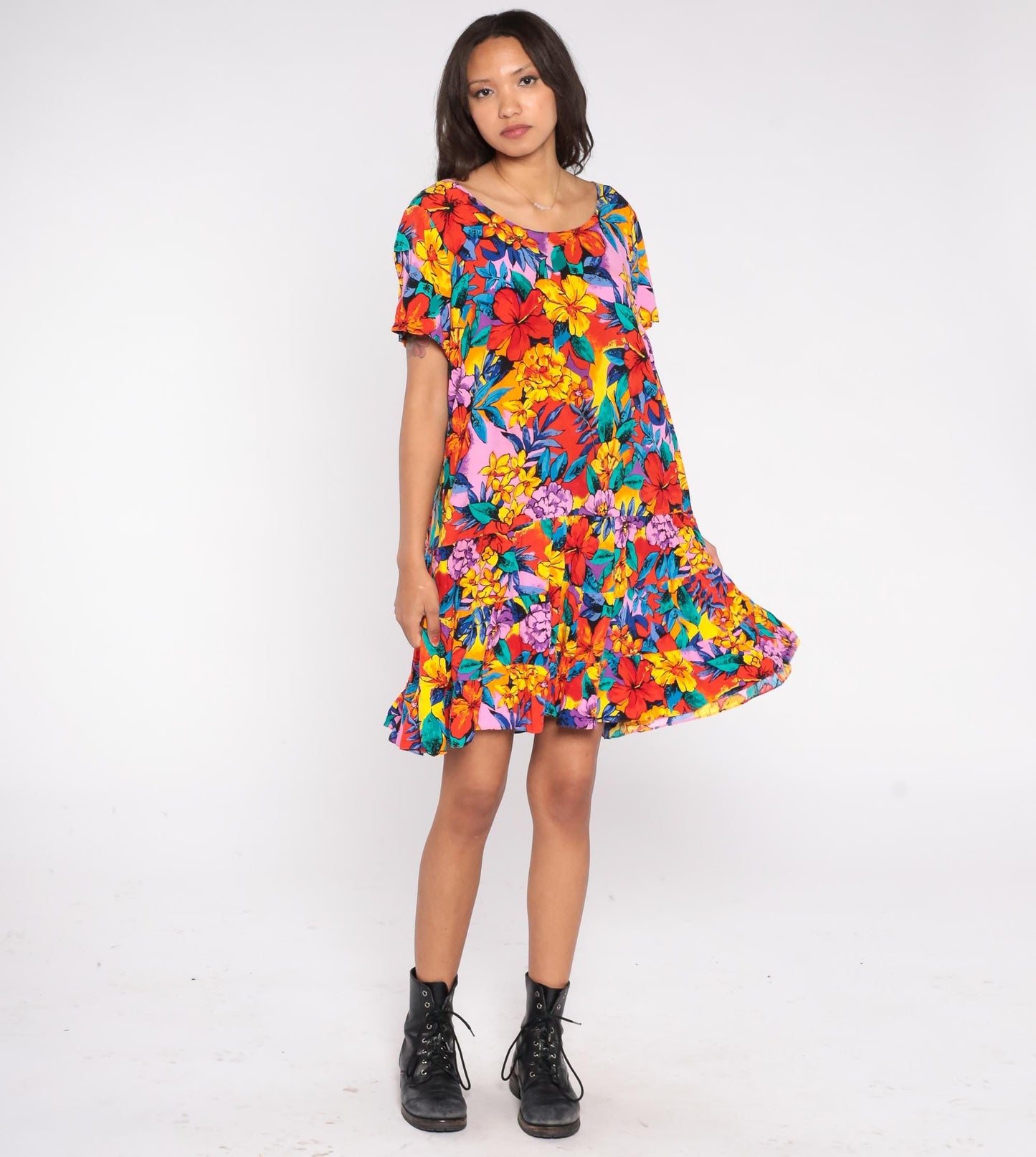 90s Tropical Floral Mini Dress Hibiscus Print Drop Waist Ruffle Medium M