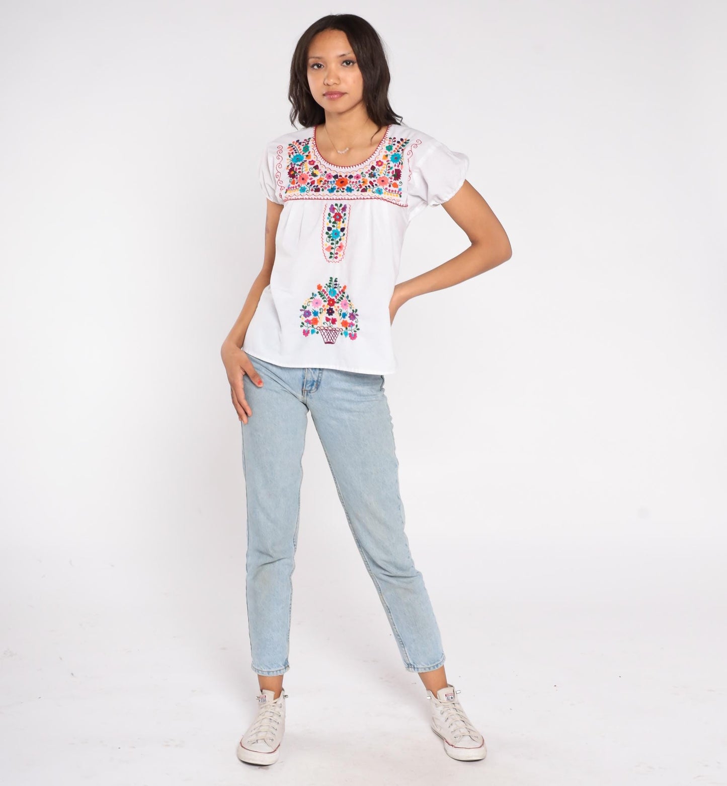 90s Mexican Embroidered White Cotton Blouse Floral Puff Sleeve Small