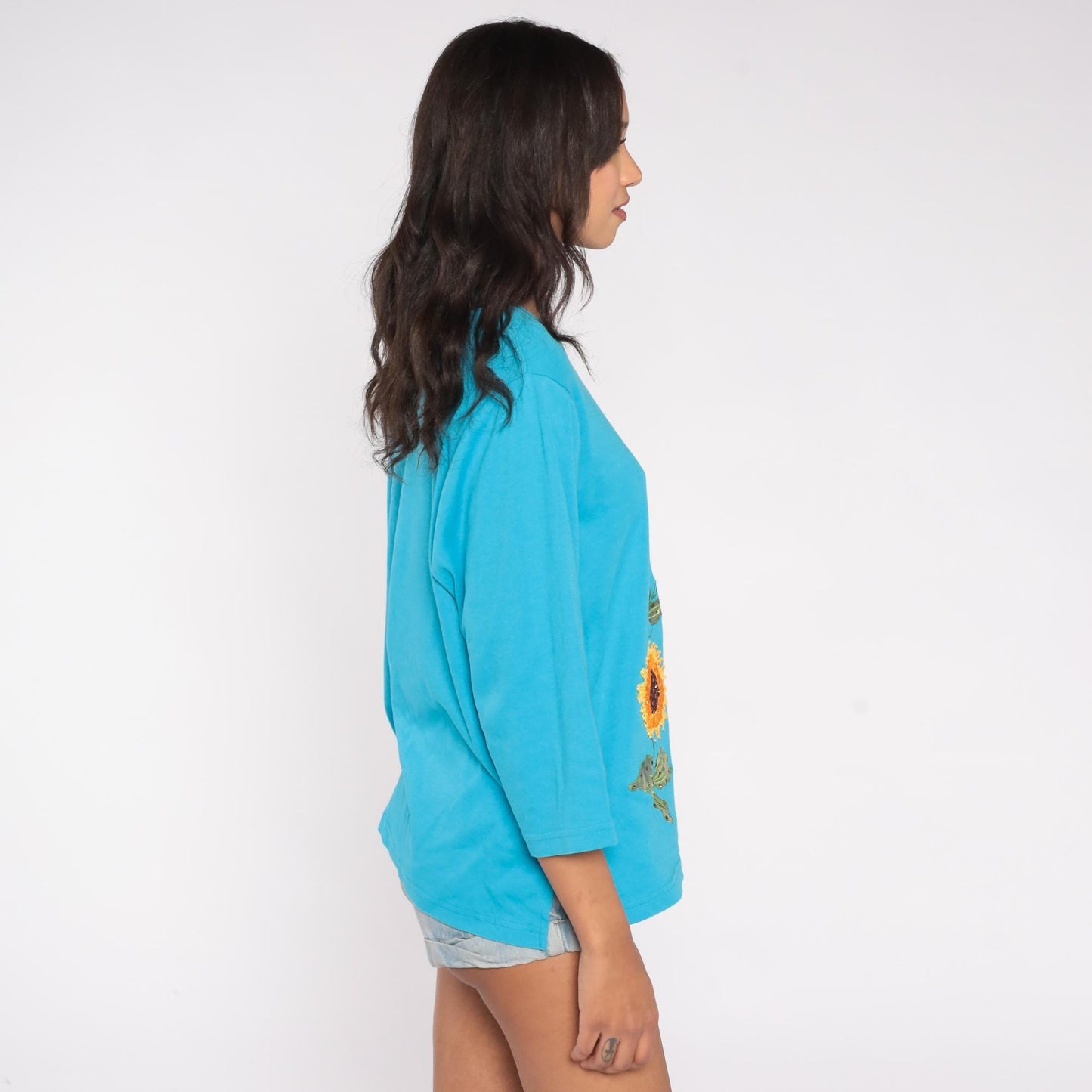 90s Sunflower Bee Embroidered Turquoise Cotton Knit Top Long Sleeve Extra Large XL