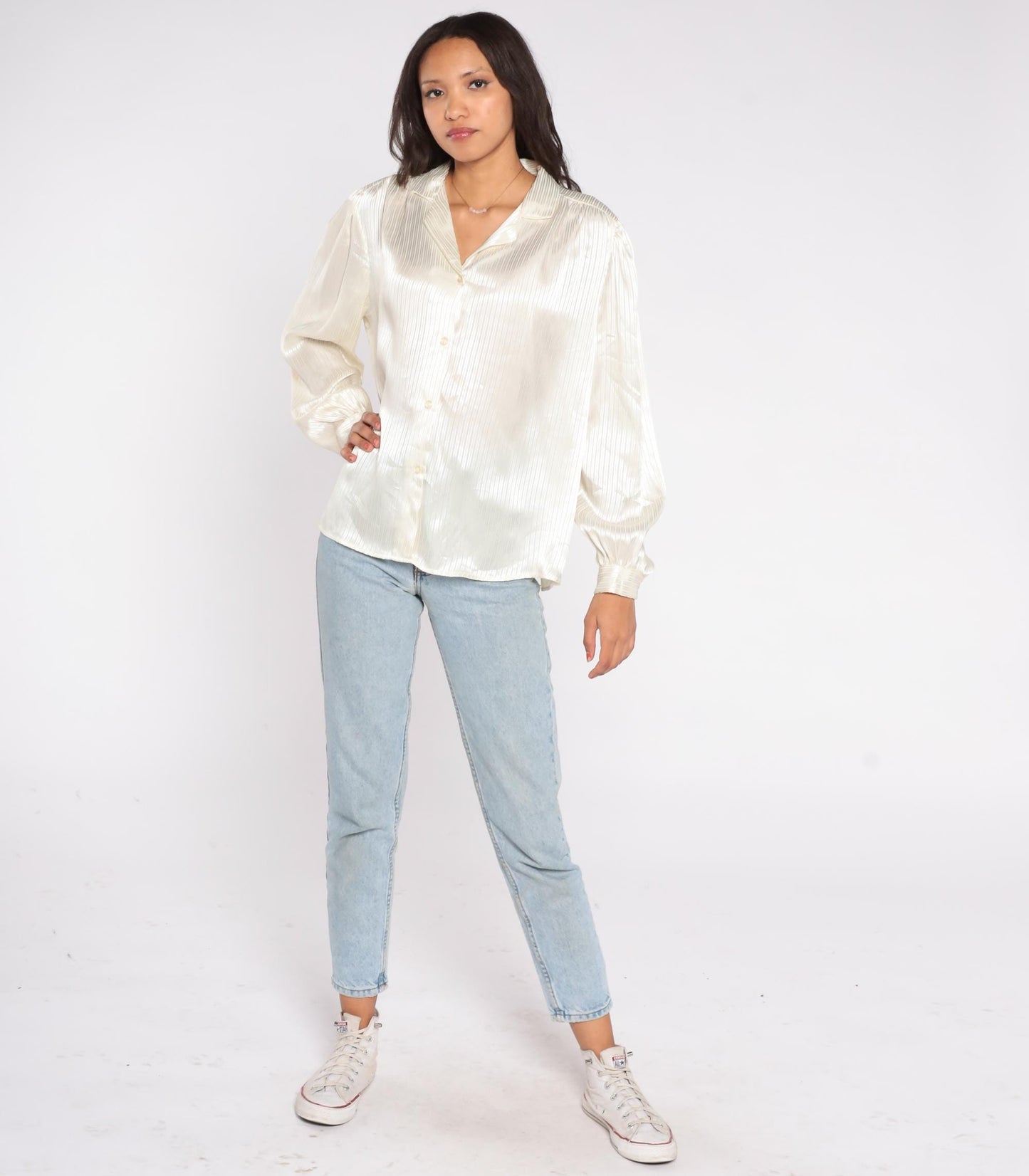 90s That's What! of California Satin Blouse Cream Striped Button Up V Neck Large