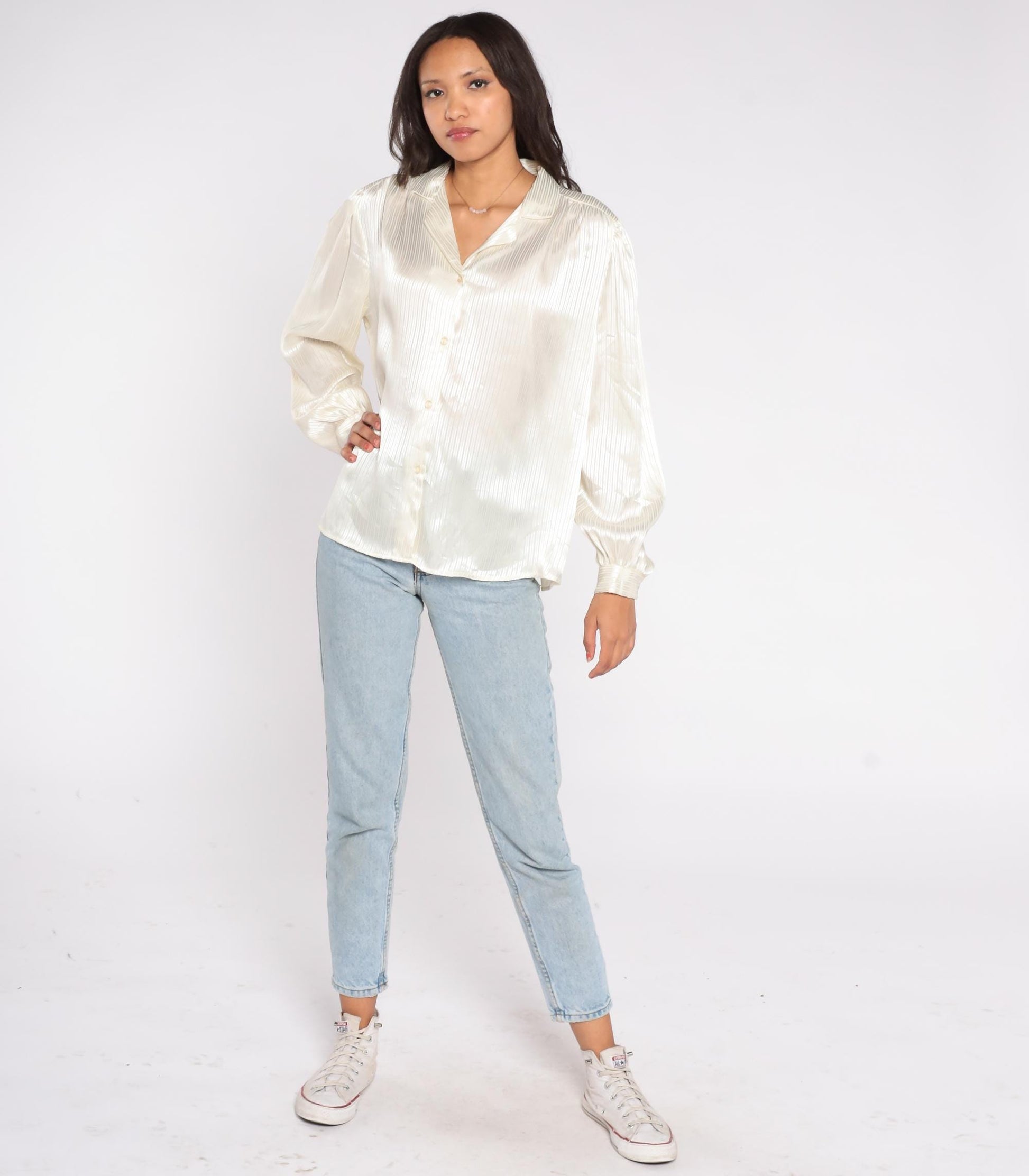 90s That's What! of California Satin Blouse Cream Striped Button Up V Neck Large