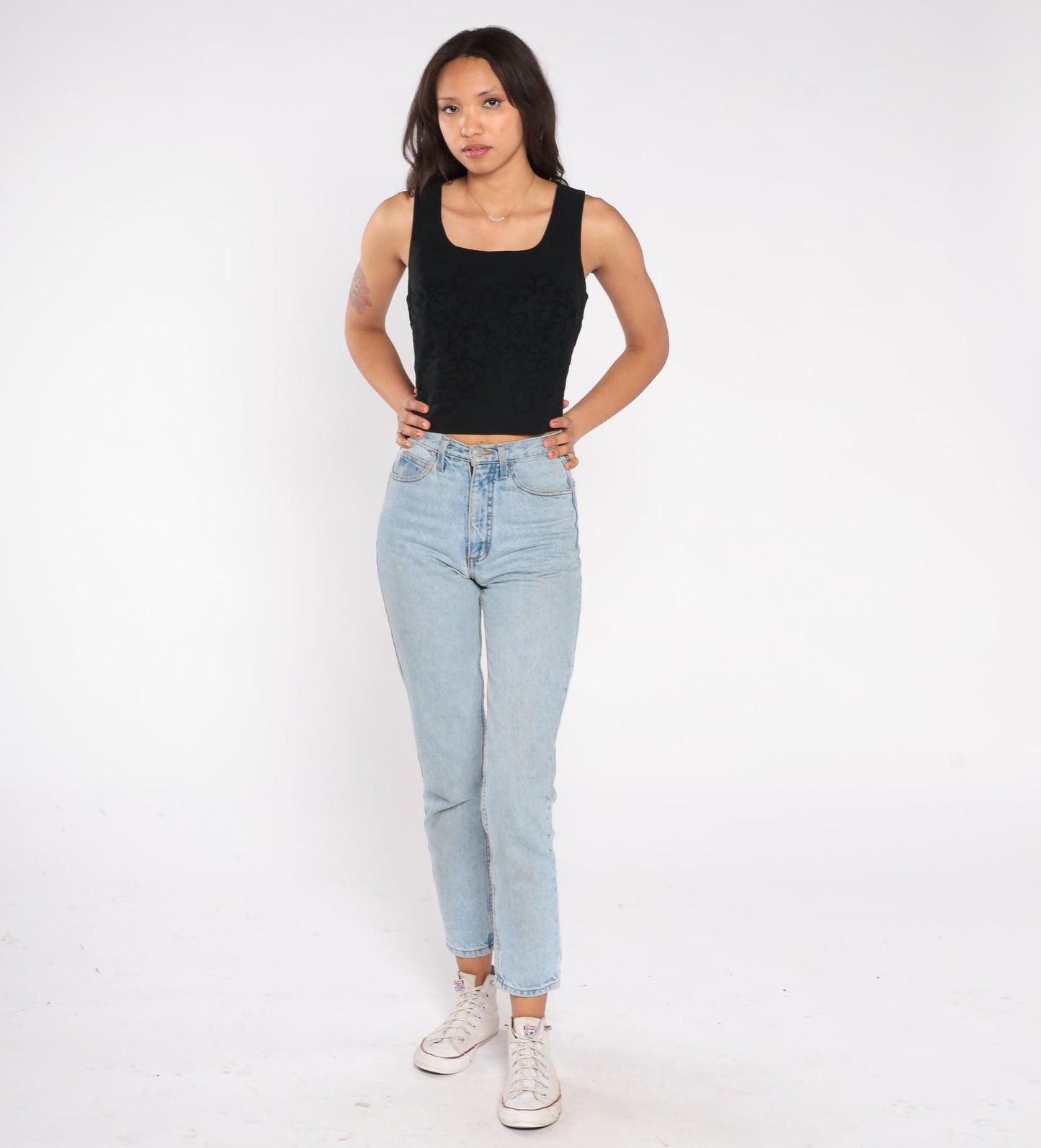 90s XOXO Black Jacquard Crop Top Square Neck Sleeveless Medium M