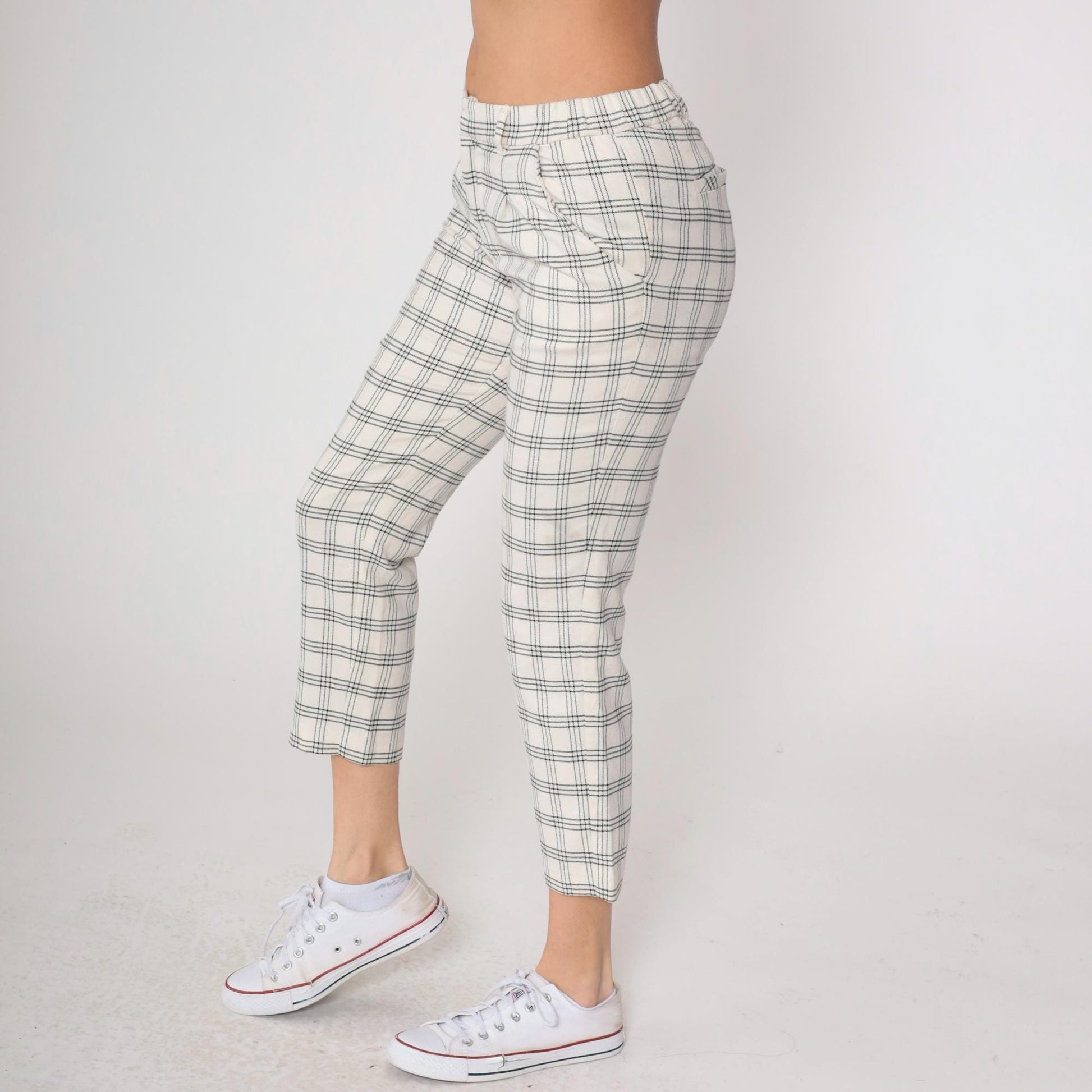 Y2K High Waist Grid Check Trousers Black White Plaid Ankle Crop Medium